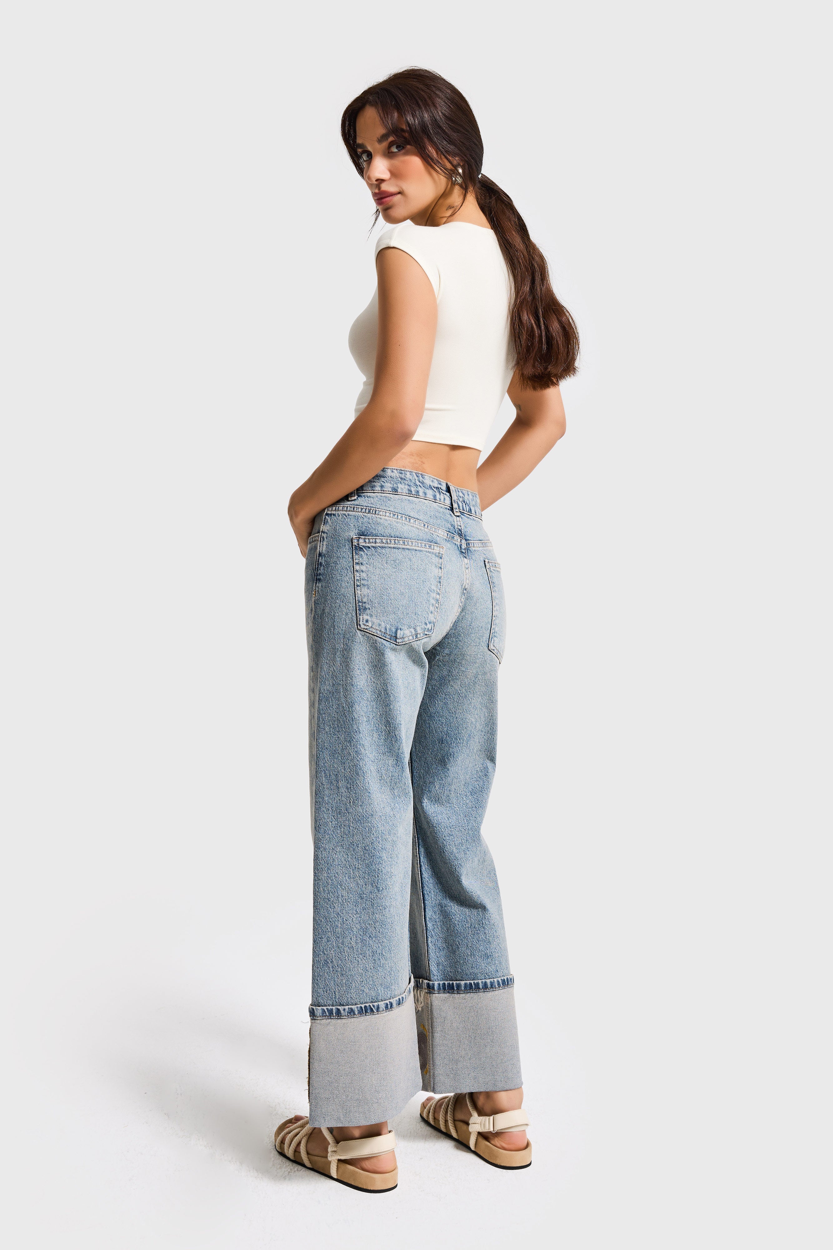 Kadın Kot Rengi 4s6-65 Straight Fit Corn Turn Up Elastan Kumaş Paça Nakışlı Tasarım Denim Jean