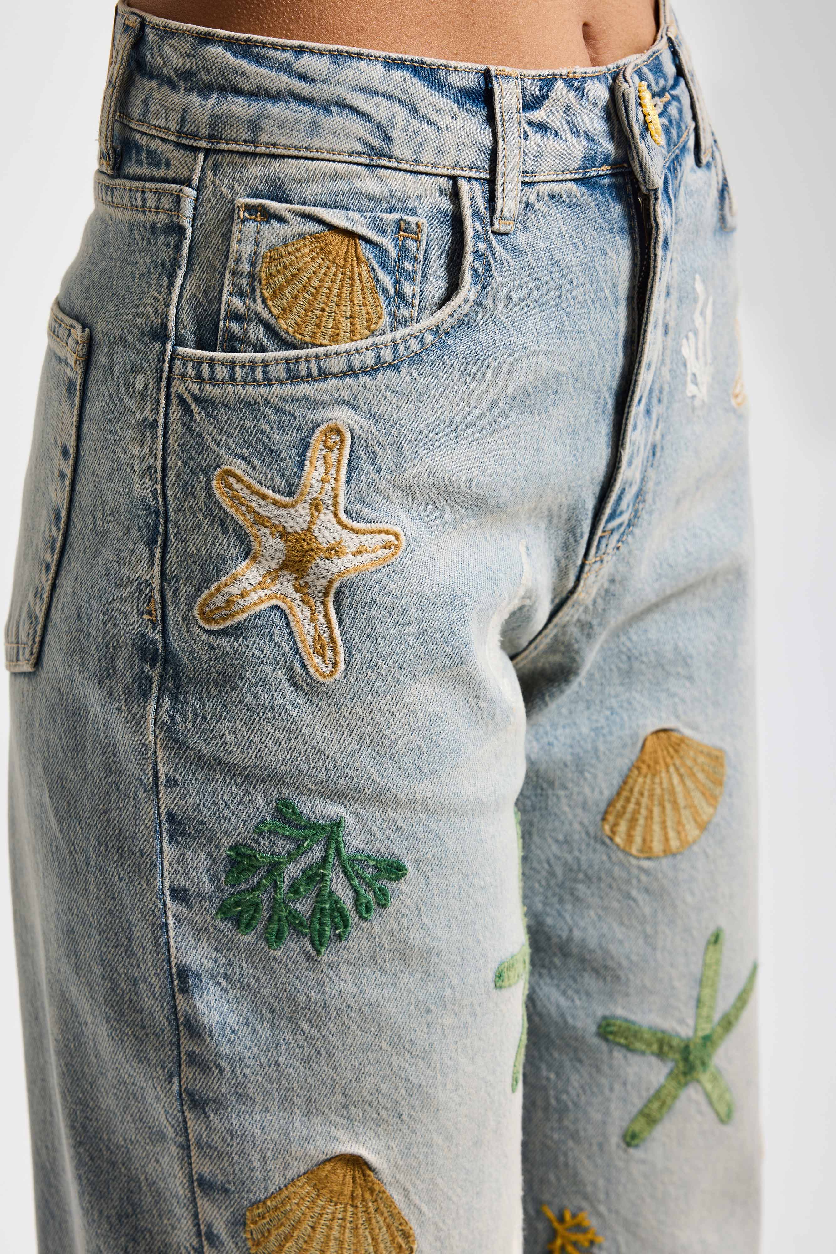 Kadın Kot Rengi 4s6-65 Straight Fit Elastan Kumaş Özel Desen Nakışlı Tasarım Denim Jean