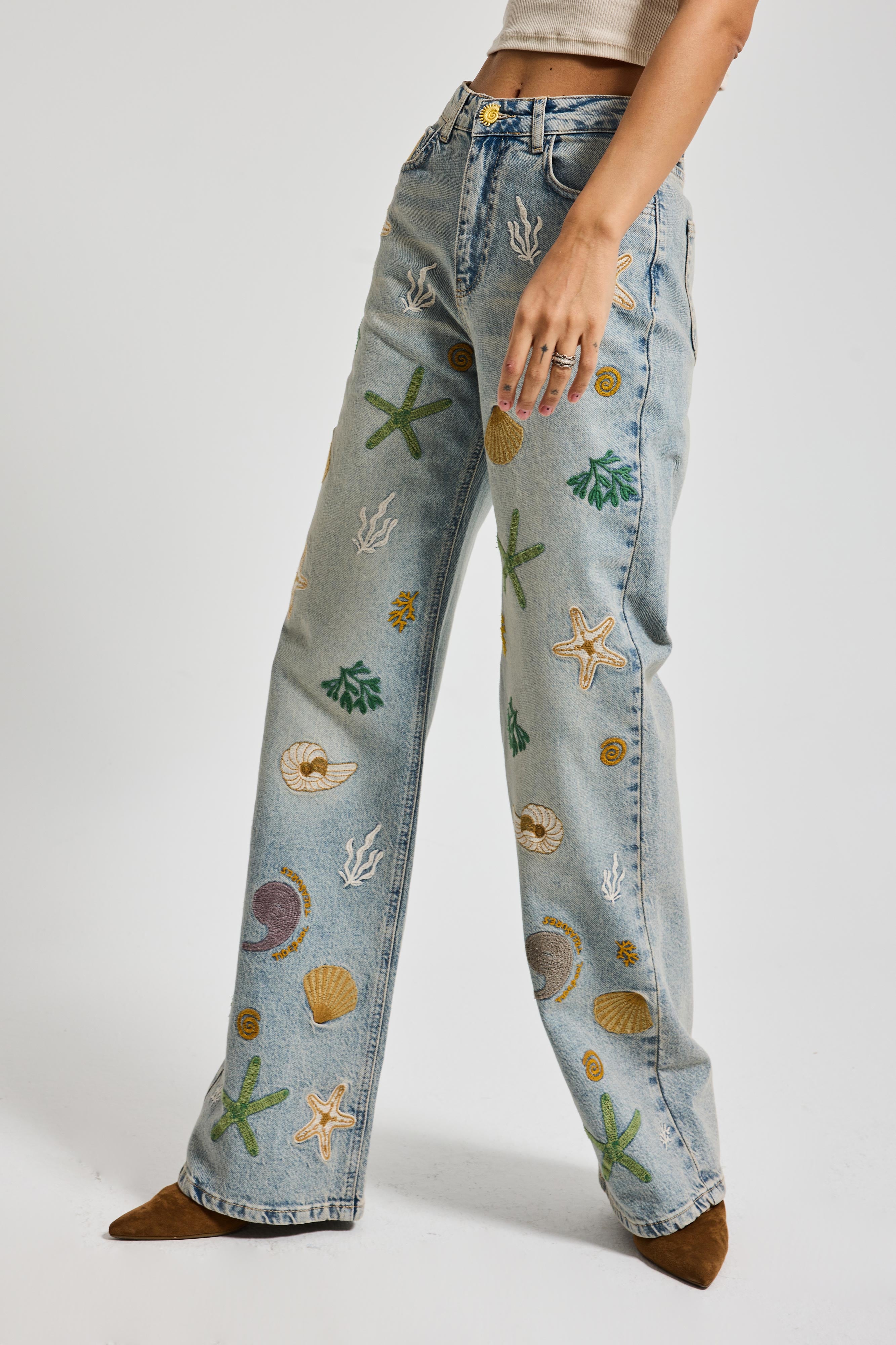 Kadın Kot Rengi 4s6-65 Straight Fit Elastan Kumaş Özel Desen Nakışlı Tasarım Denim Jean