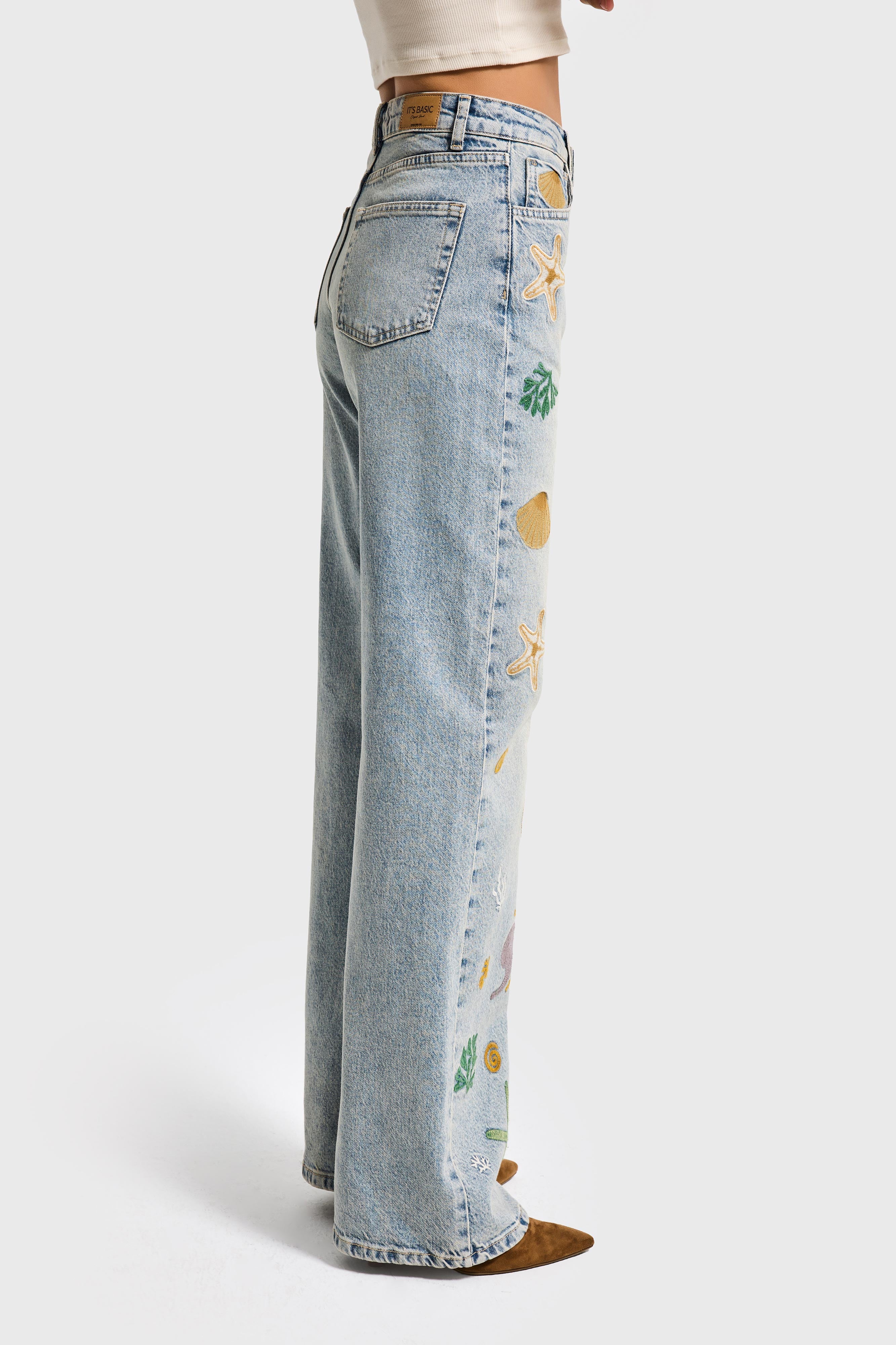 Kadın Kot Rengi 4s6-65 Straight Fit Elastan Kumaş Özel Desen Nakışlı Tasarım Denim Jean