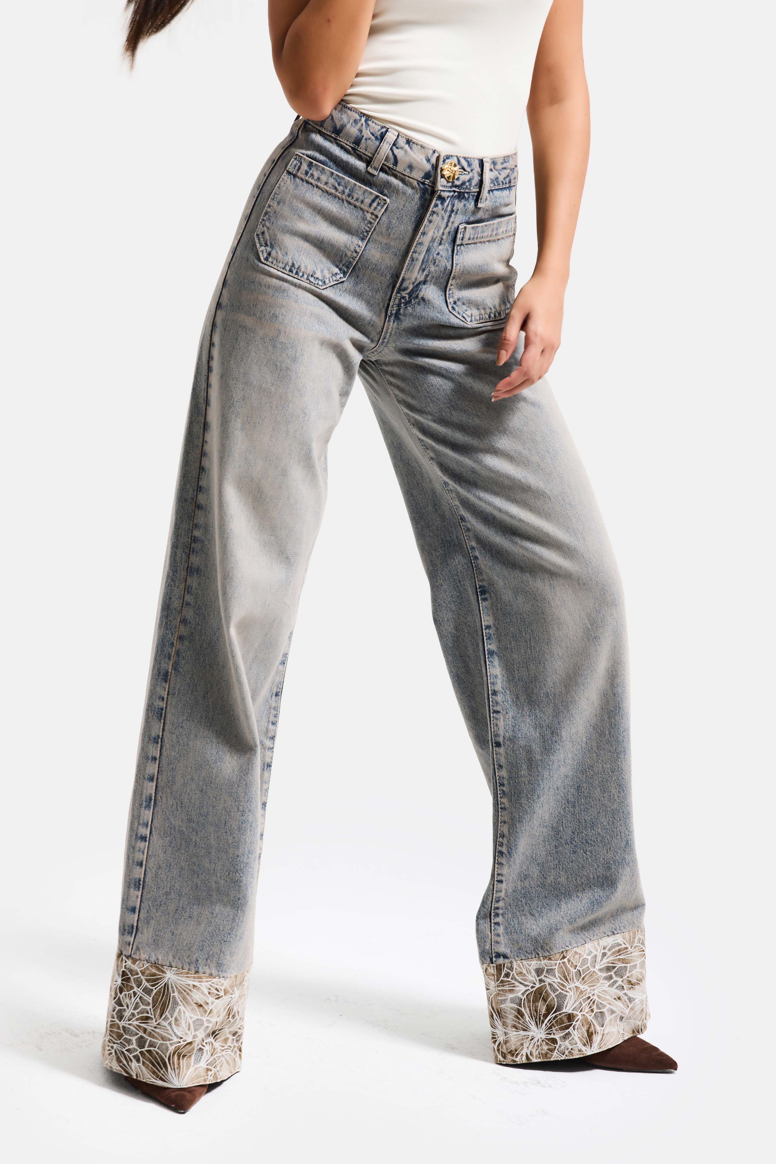 Kadın Kot Rengi 4s6-65 Wide Leg Fit Paça Dantel Detaylı Özel Tasarım denim Jean