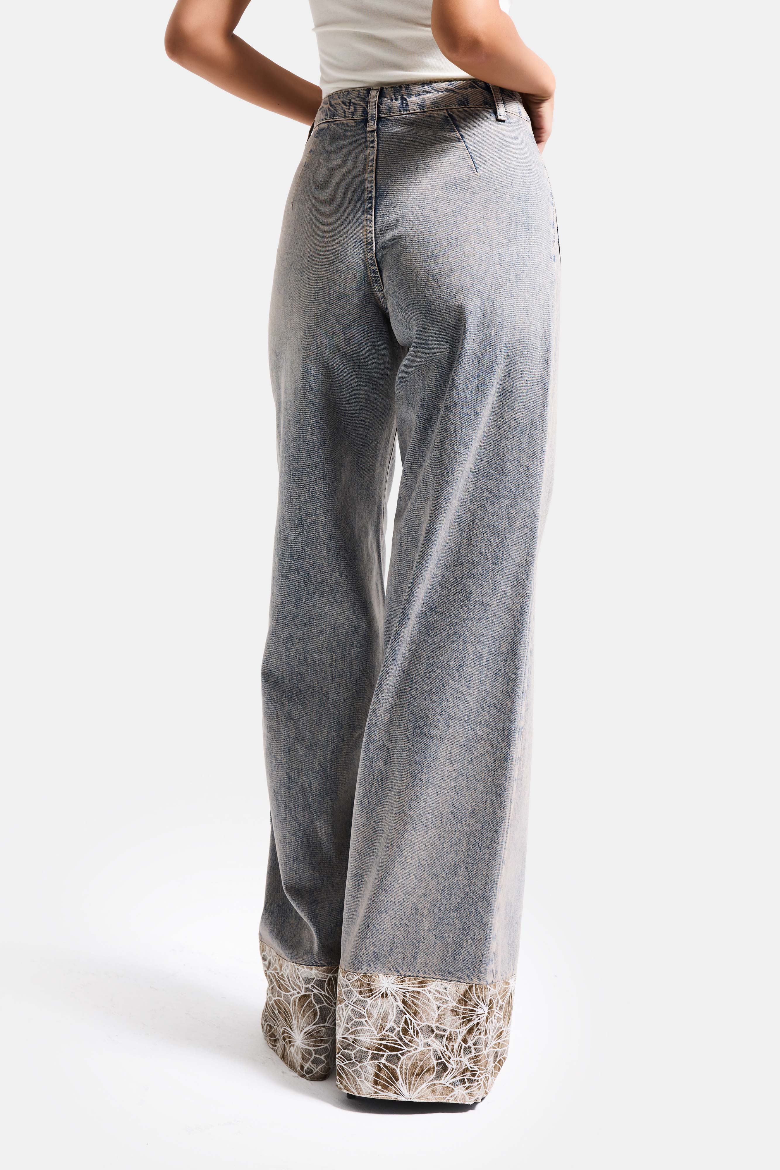 Kadın Kot Rengi 4s6-65 Wide Leg Fit Paça Dantel Detaylı Özel Tasarım denim Jean