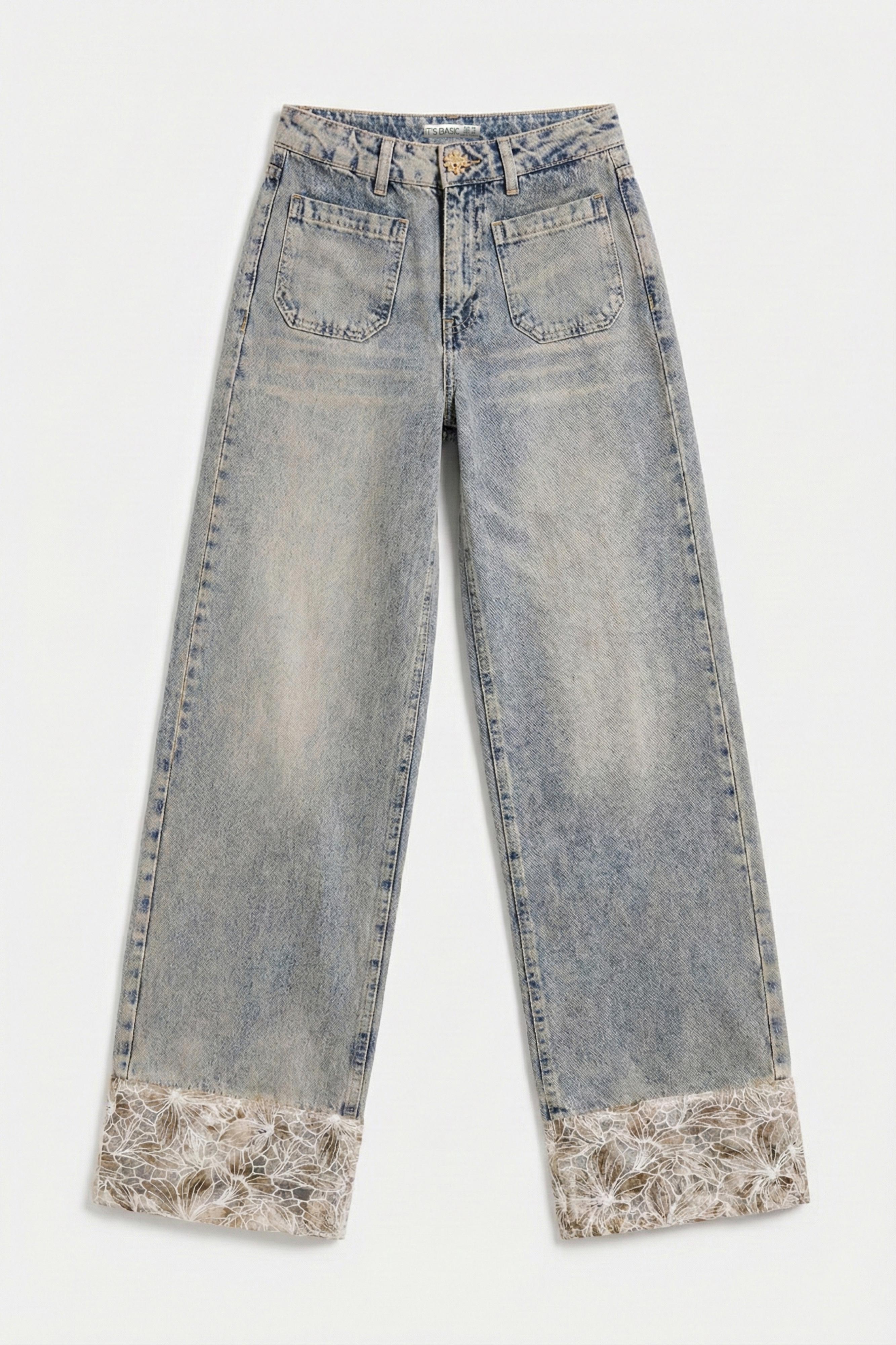 Kadın Kot Rengi 4s6-65 Wide Leg Fit Paça Dantel Detaylı Özel Tasarım denim Jean