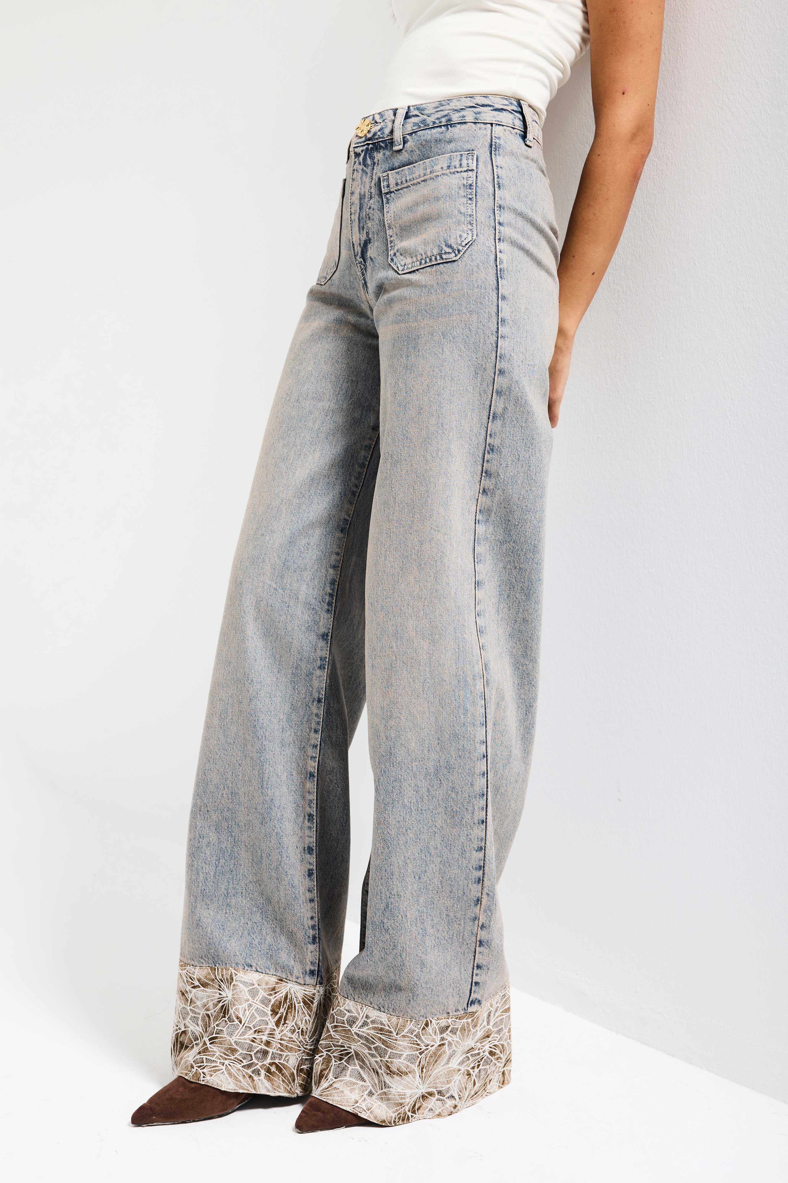 Kadın Kot Rengi 4s6-65 Wide Leg Fit Paça Dantel Detaylı Özel Tasarım denim Jean