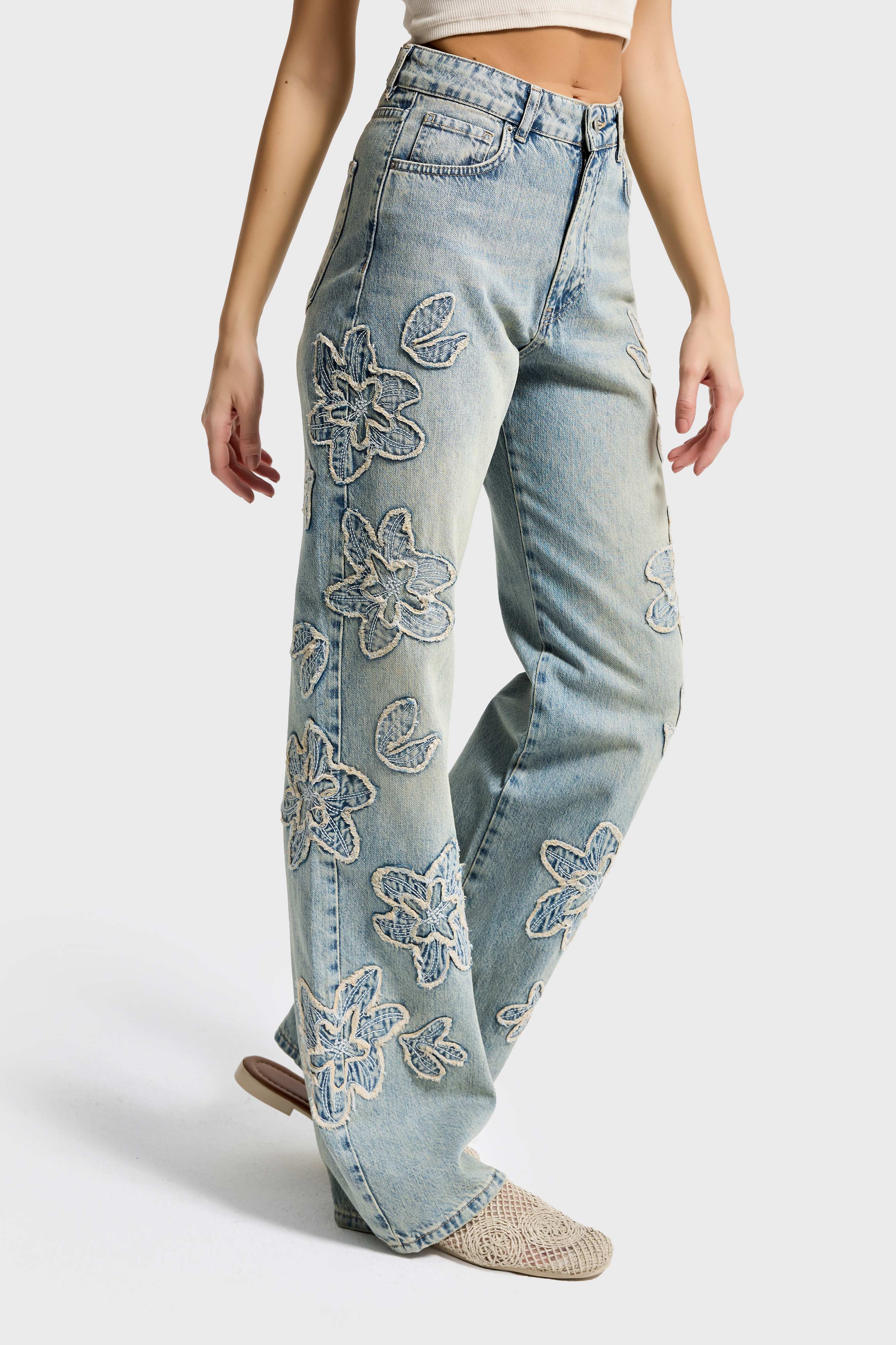 Kadın Kot Rengi 4s6-67 Straight Fit Yüksek Bel Nakış Detaylı Özel Tasarım Denim Jean