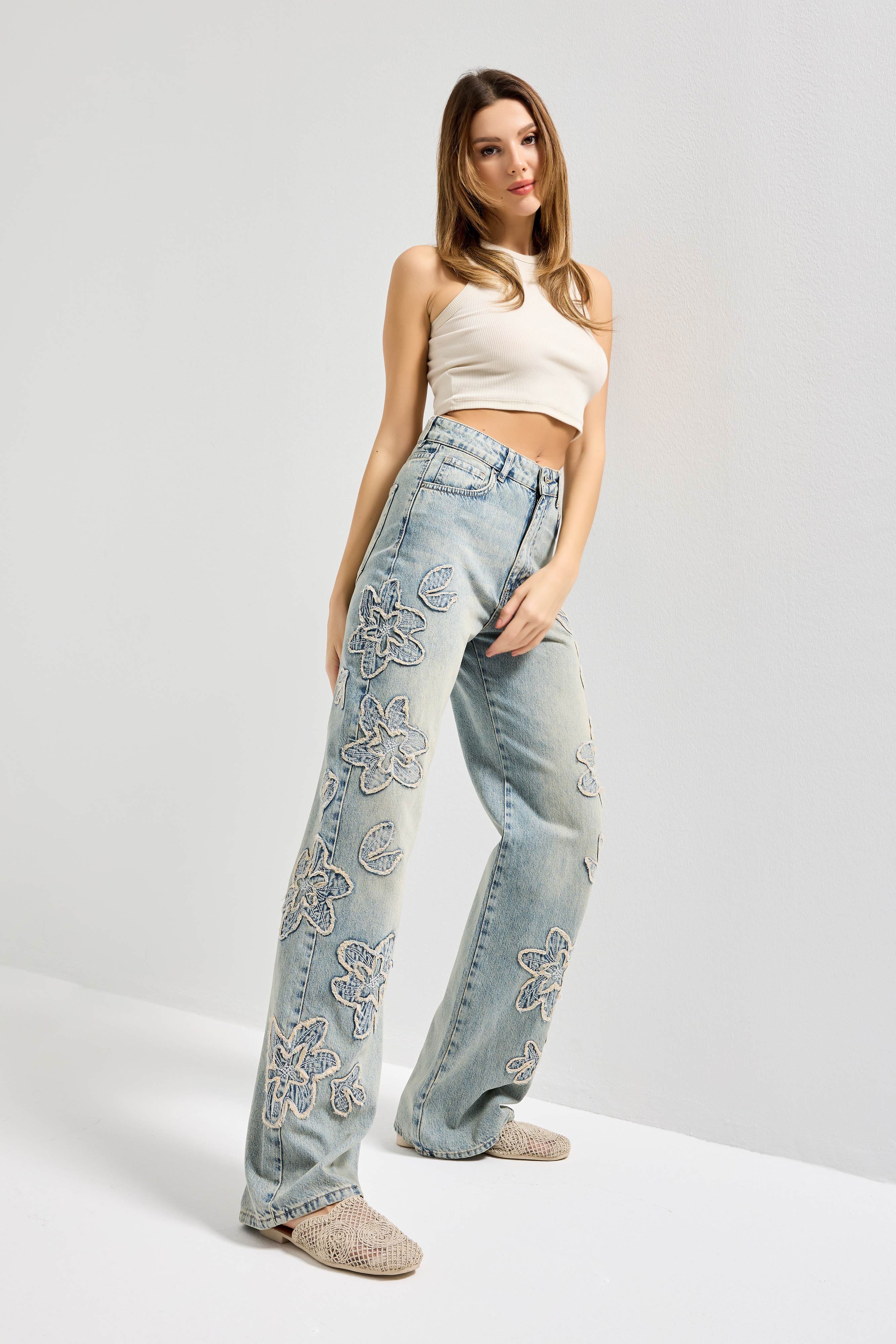 Kadın Kot Rengi 4s6-67 Straight Fit Yüksek Bel Nakış Detaylı Özel Tasarım Denim Jean