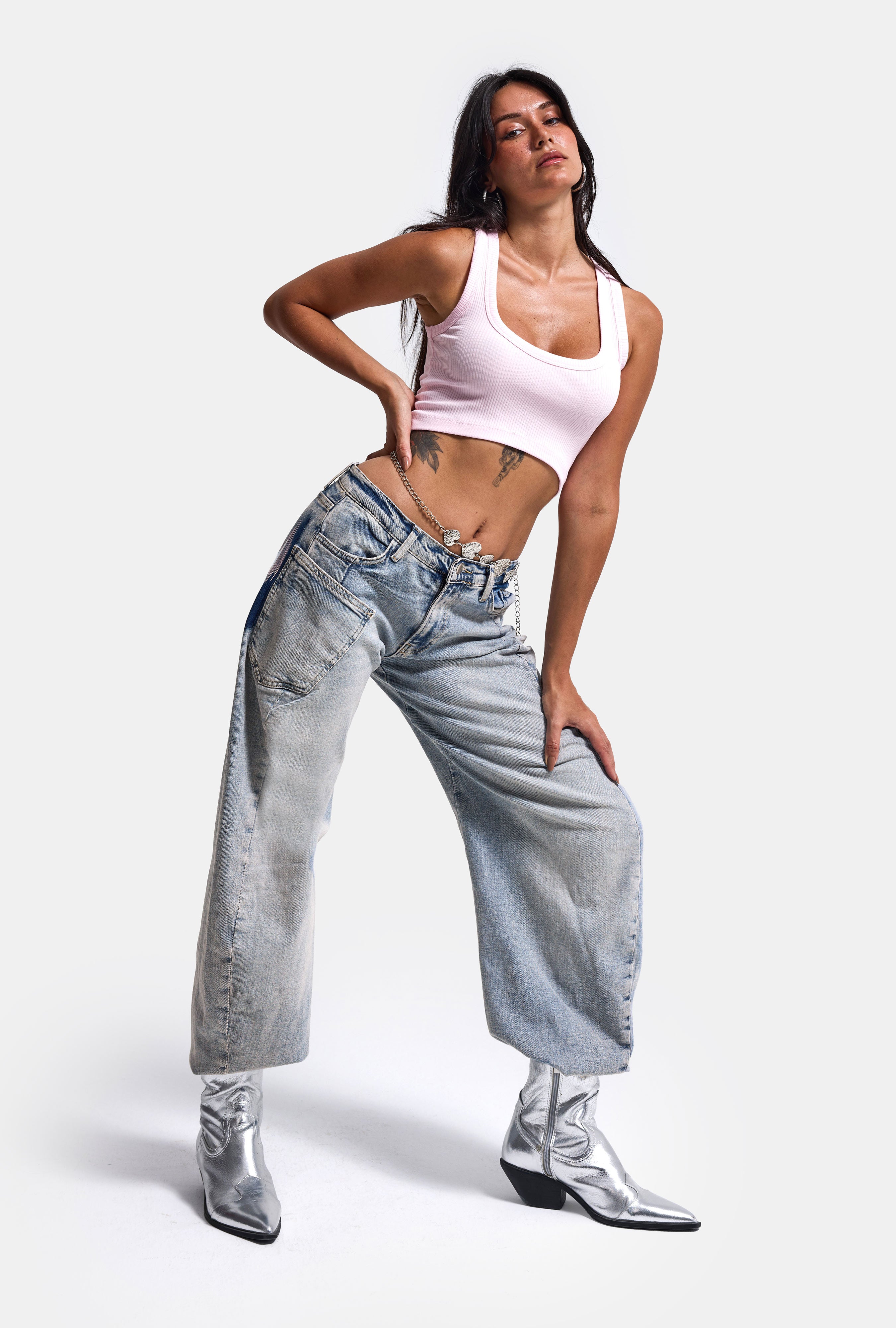 Kadın Kot Rengi 4s6-89 Low Relaxed Fit Esnek Kumaş Tasarım Denim Jean