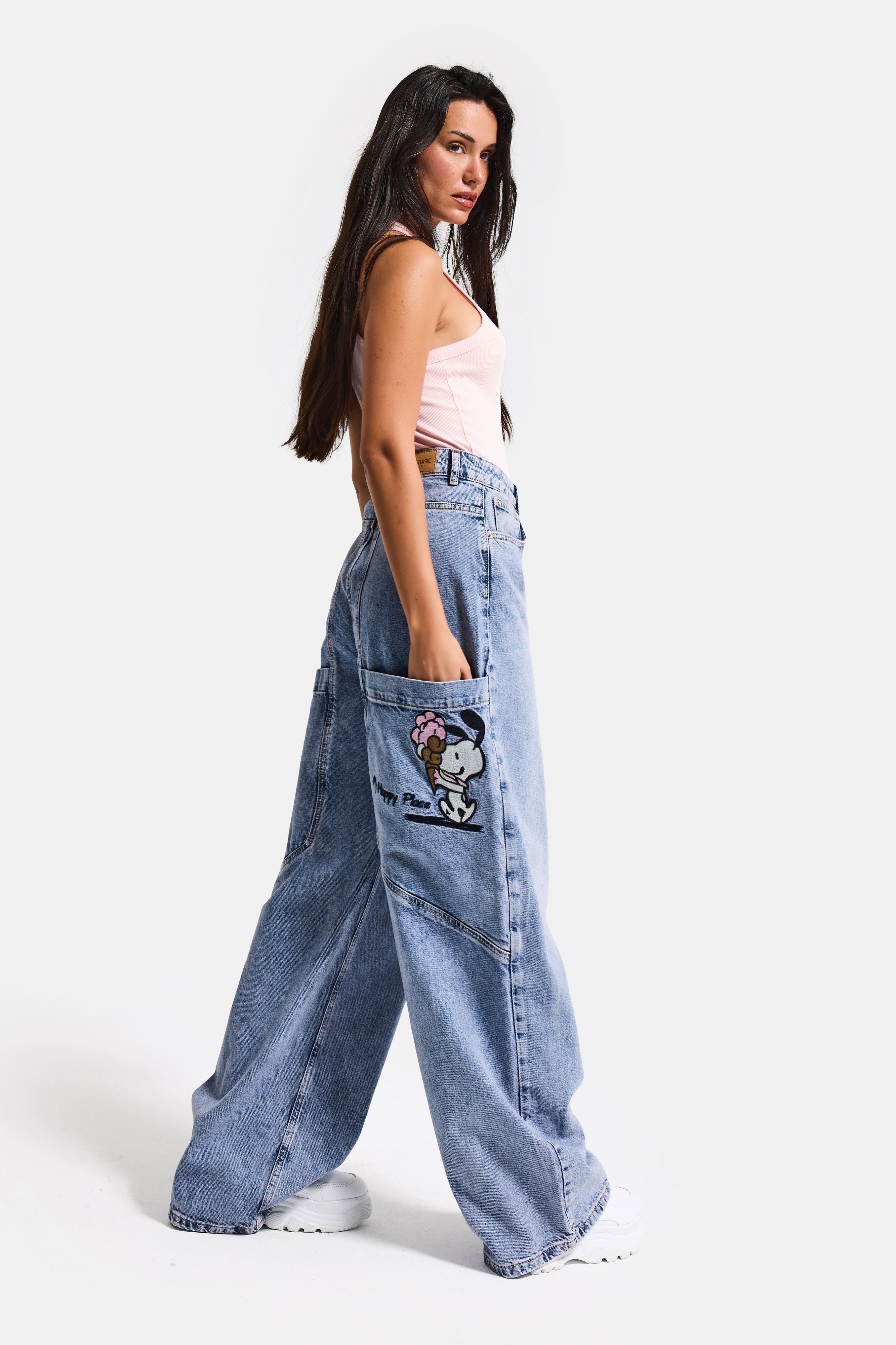 Kadın Kot Rengi 4s6-89 Mega Baggy Fit Nakış Detaylı Özel Tasarım Denim Jean