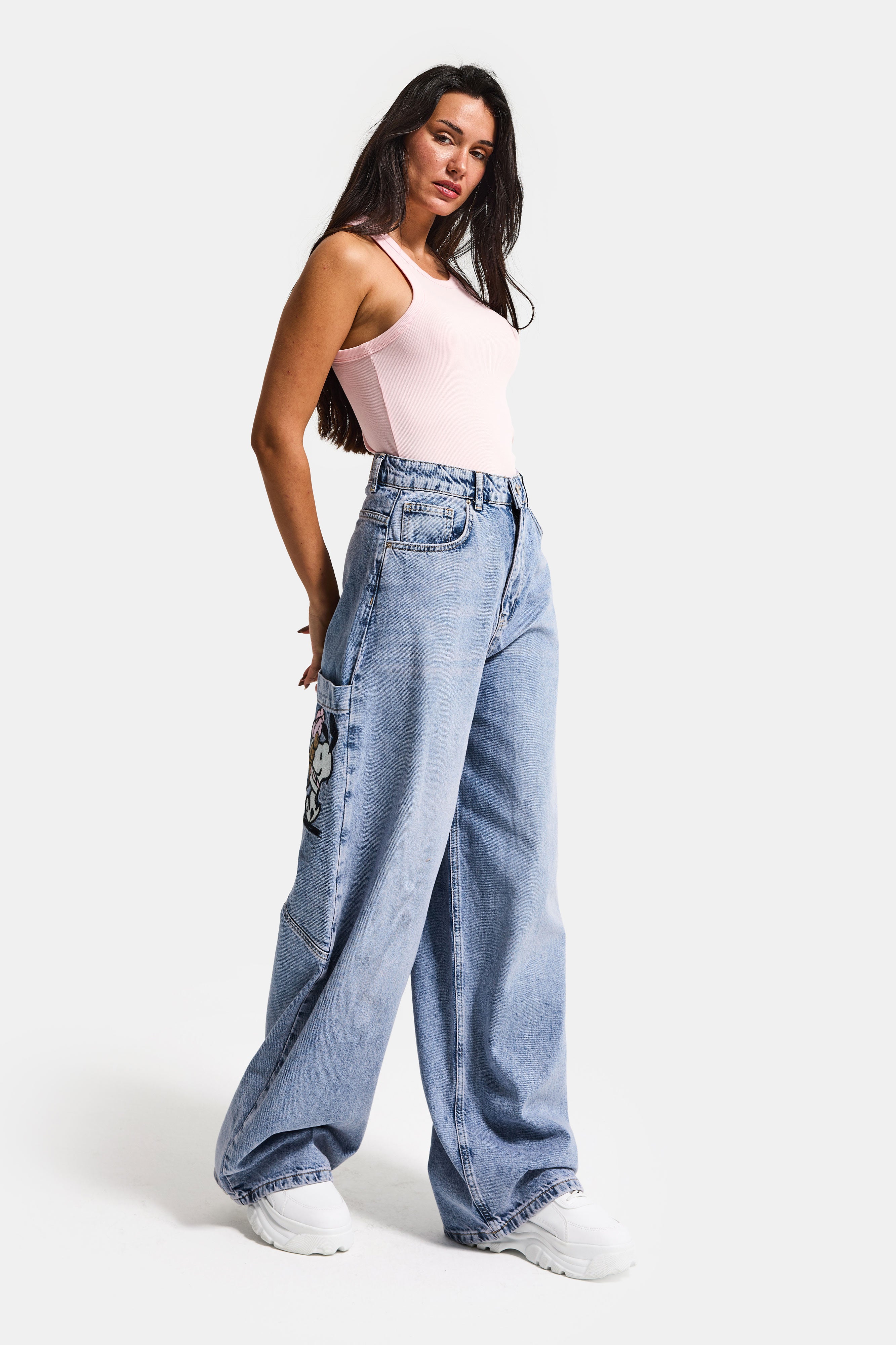 Kadın Kot Rengi 4s6-89 Mega Baggy Fit Nakış Detaylı Özel Tasarım Denim Jean