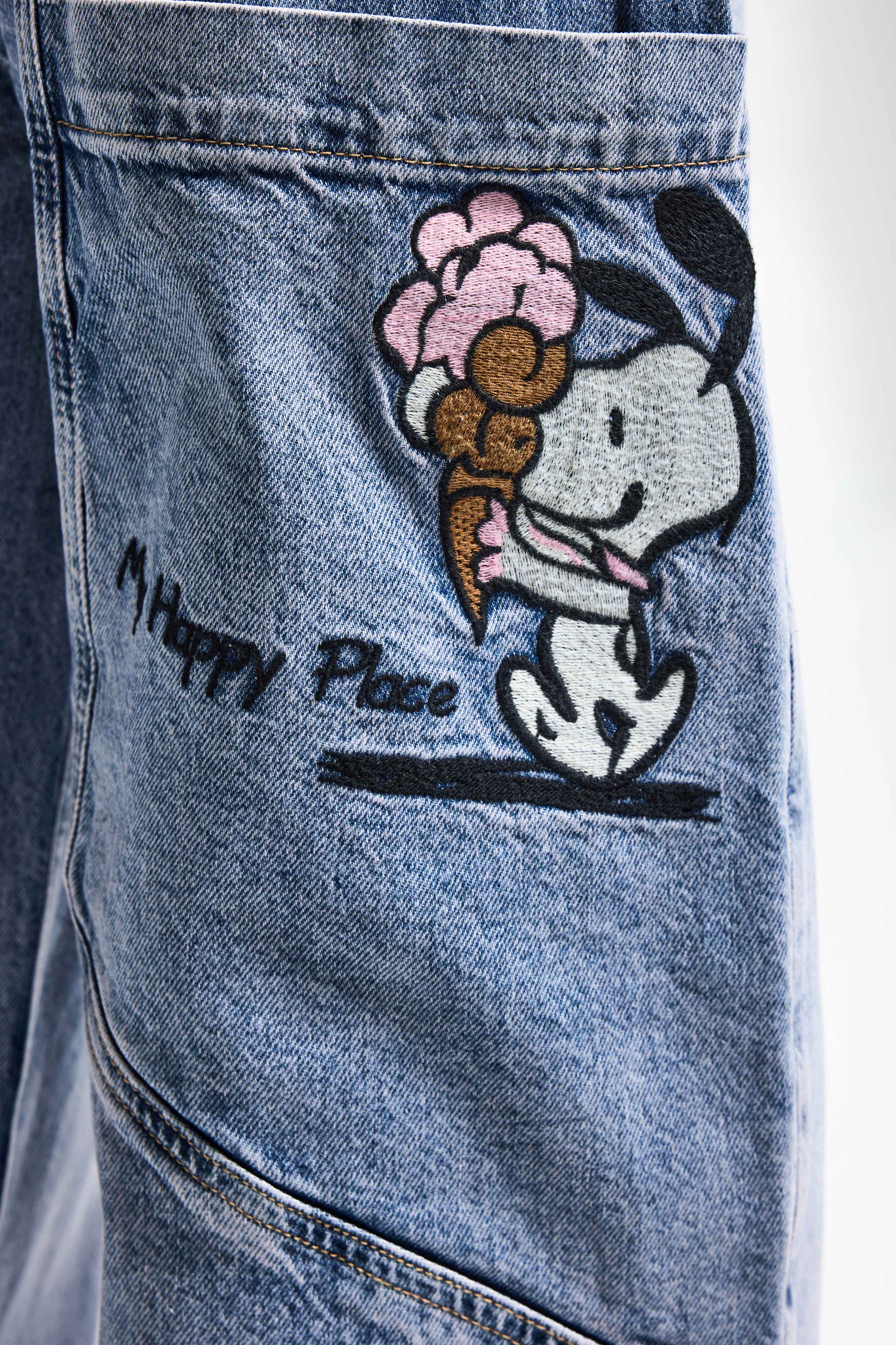 Kadın Kot Rengi 4s6-89 Mega Baggy Fit Nakış Detaylı Özel Tasarım Denim Jean