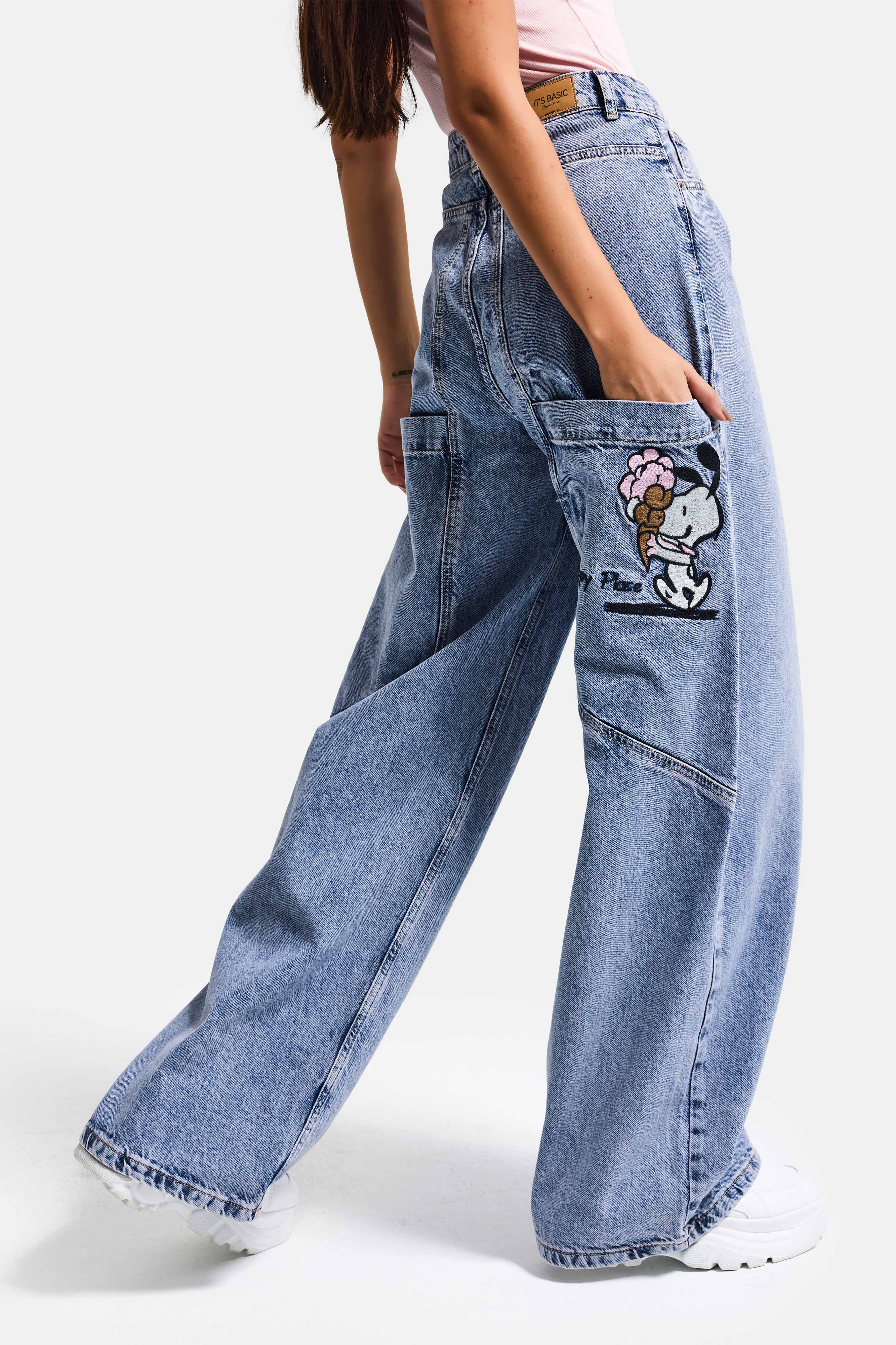 Kadın Kot Rengi 4s6-89 Mega Baggy Fit Nakış Detaylı Özel Tasarım Denim Jean