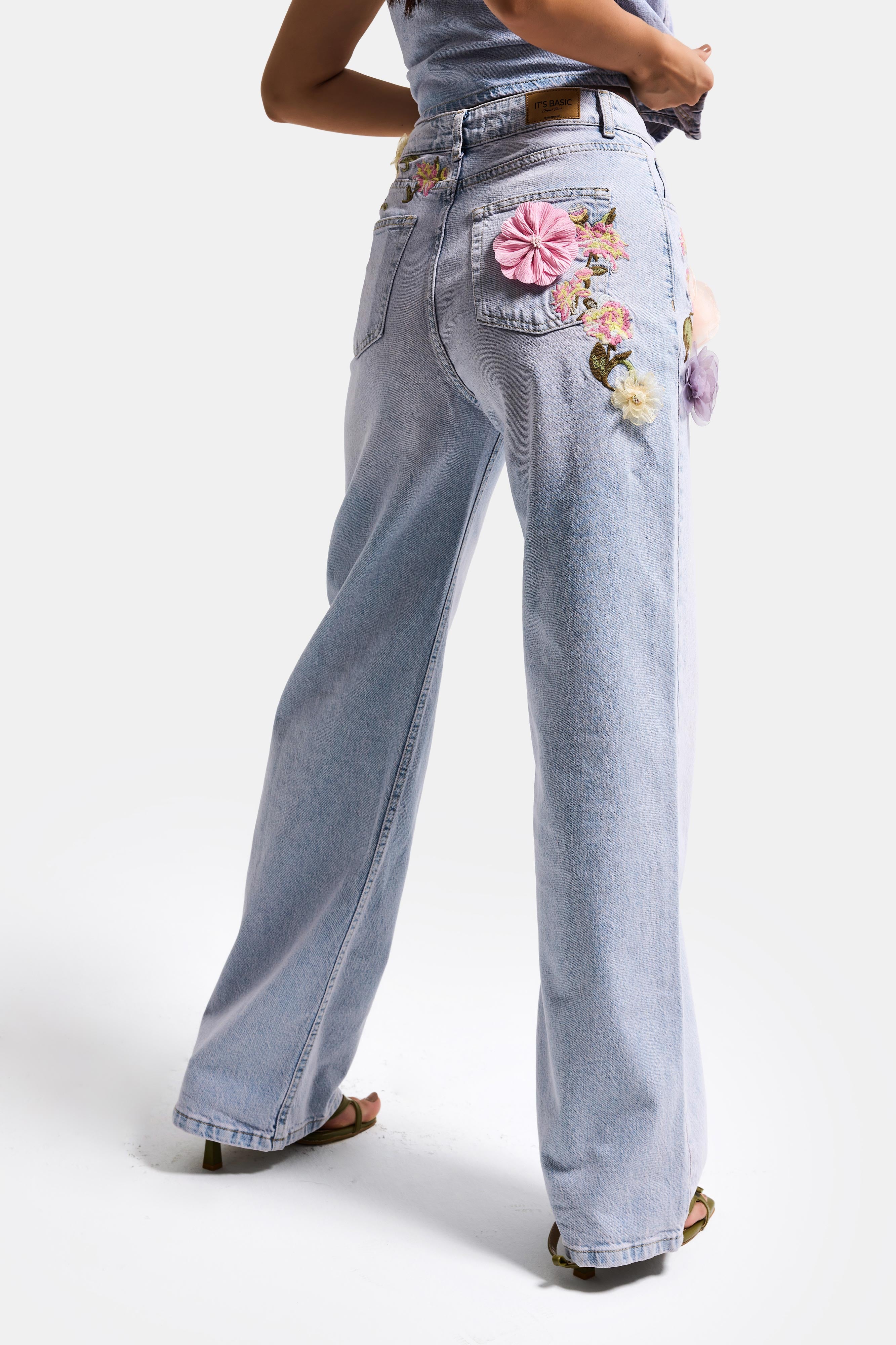 Women's Jeans Denim Blue 4s6-89 Straight Fit Rose and Embroidery Detailed Special Design Denim Jean