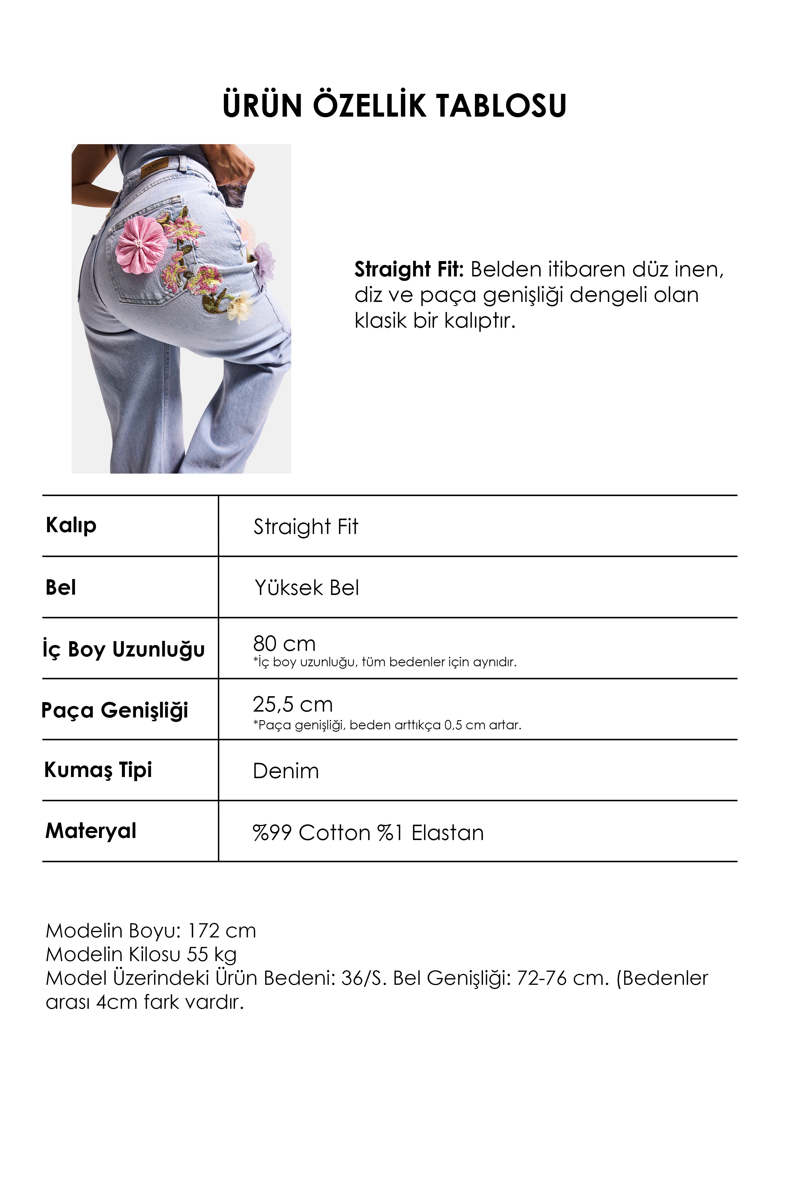 Women's Jeans Denim Blue 4s6-89 Straight Fit Rose and Embroidery Detailed Special Design Denim Jean