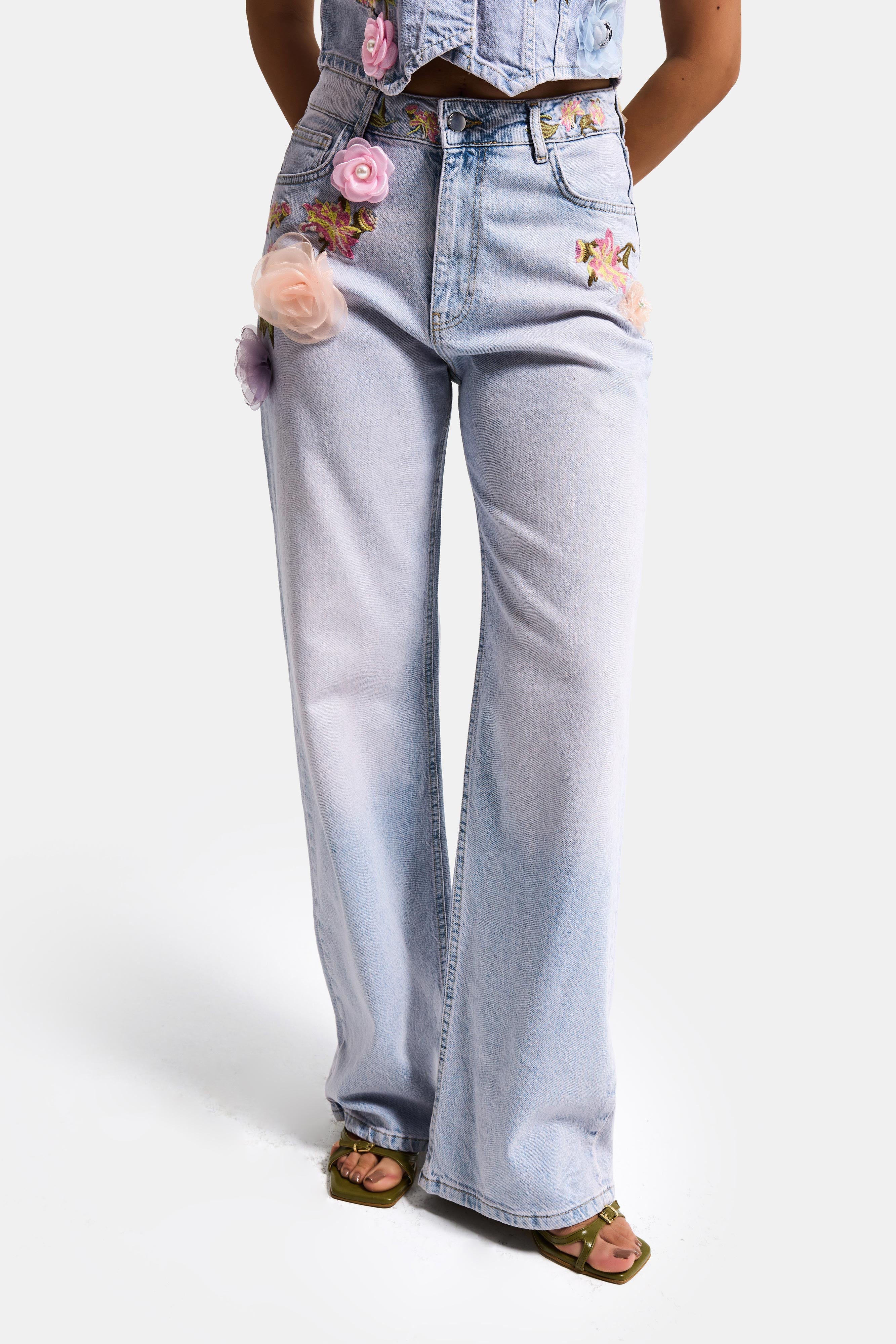 Women's Jeans Denim Blue 4s6-89 Straight Fit Rose and Embroidery Detailed Special Design Denim Jean