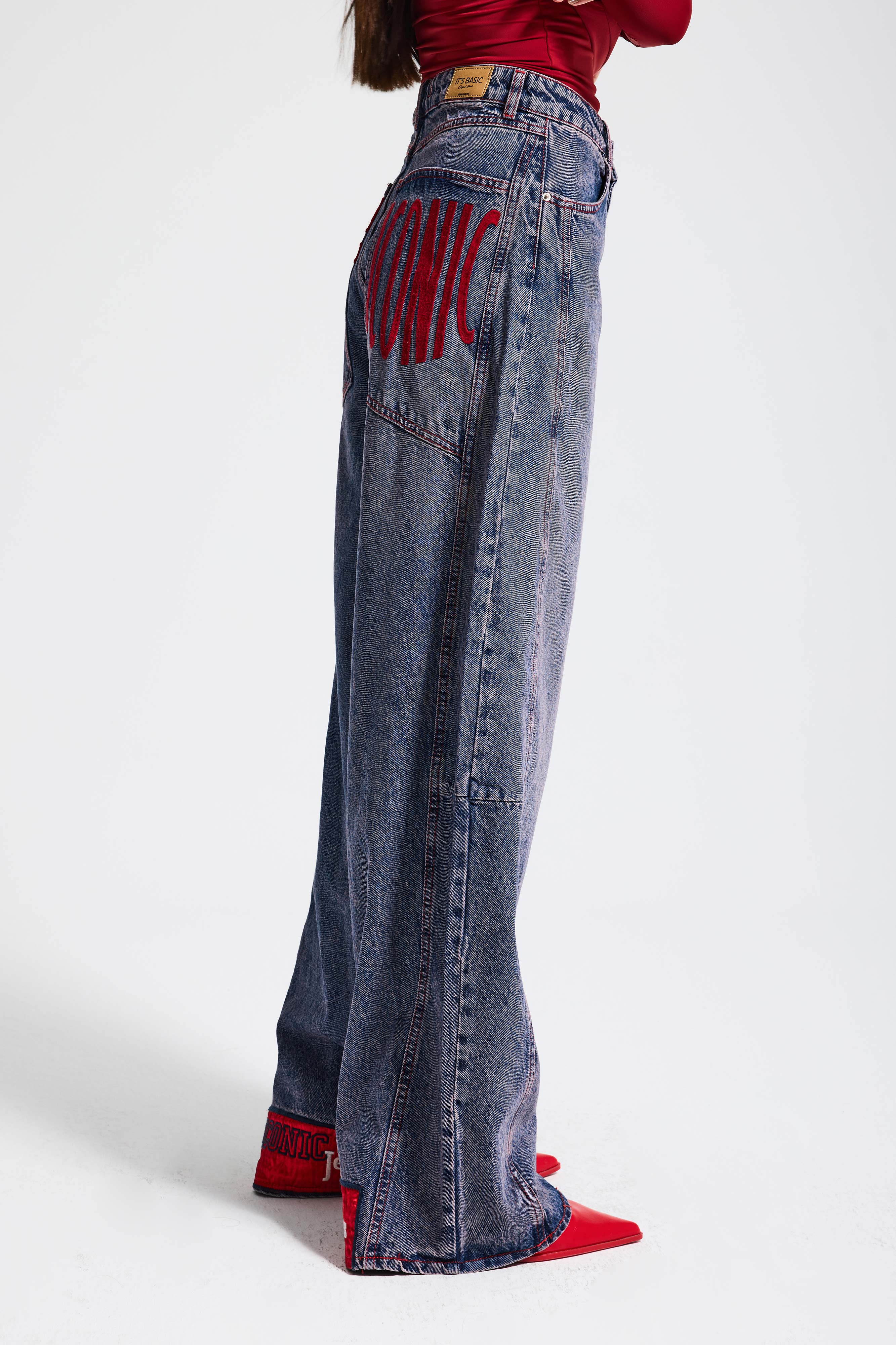 Kadın Kot Rengi 4s6-98 Mega Baggy Fit Paça ve Cep Detaylı Özel Tasarım Denim Jean