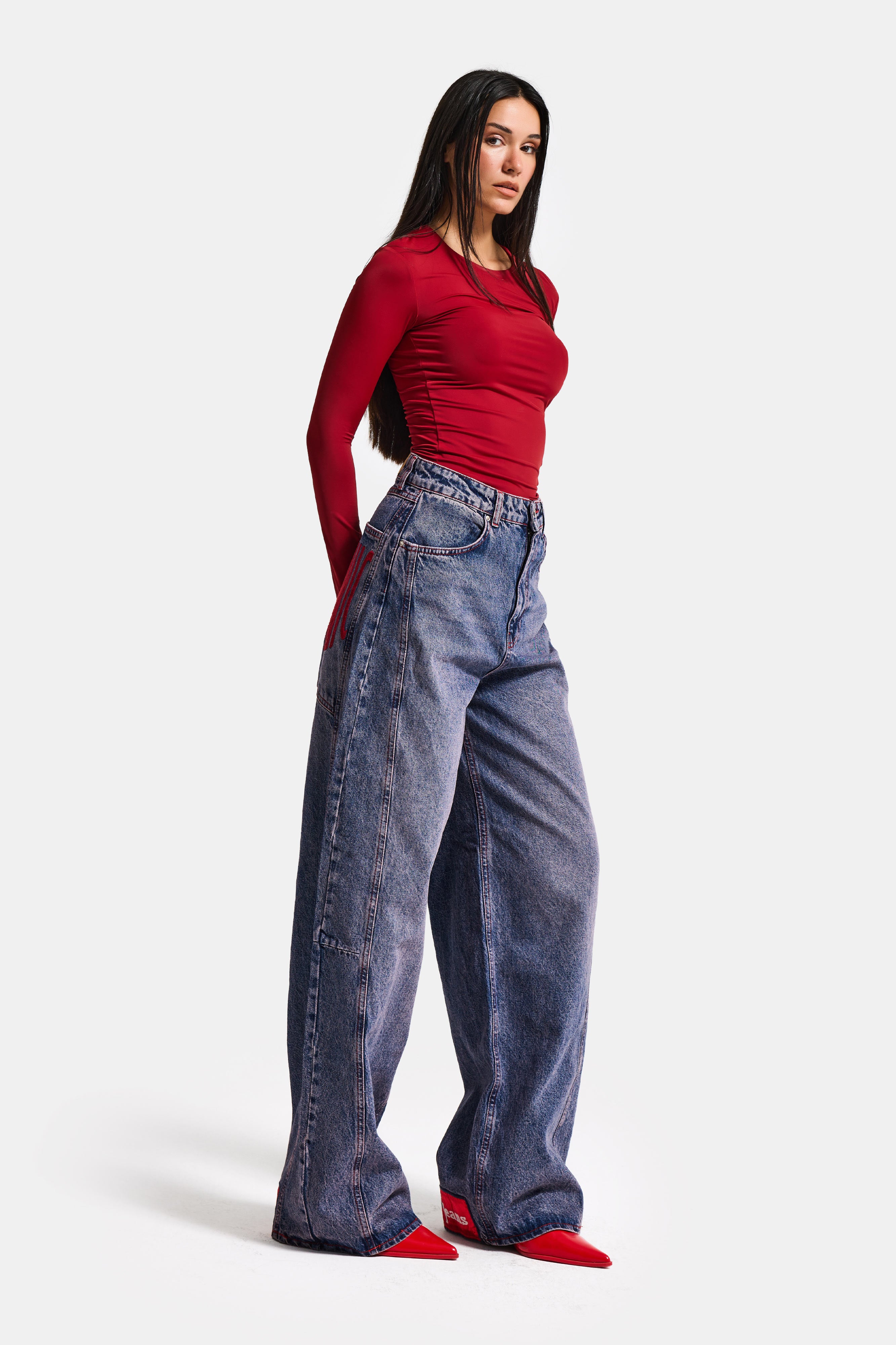 Kadın Kot Rengi 4s6-98 Mega Baggy Fit Paça ve Cep Detaylı Özel Tasarım Denim Jean