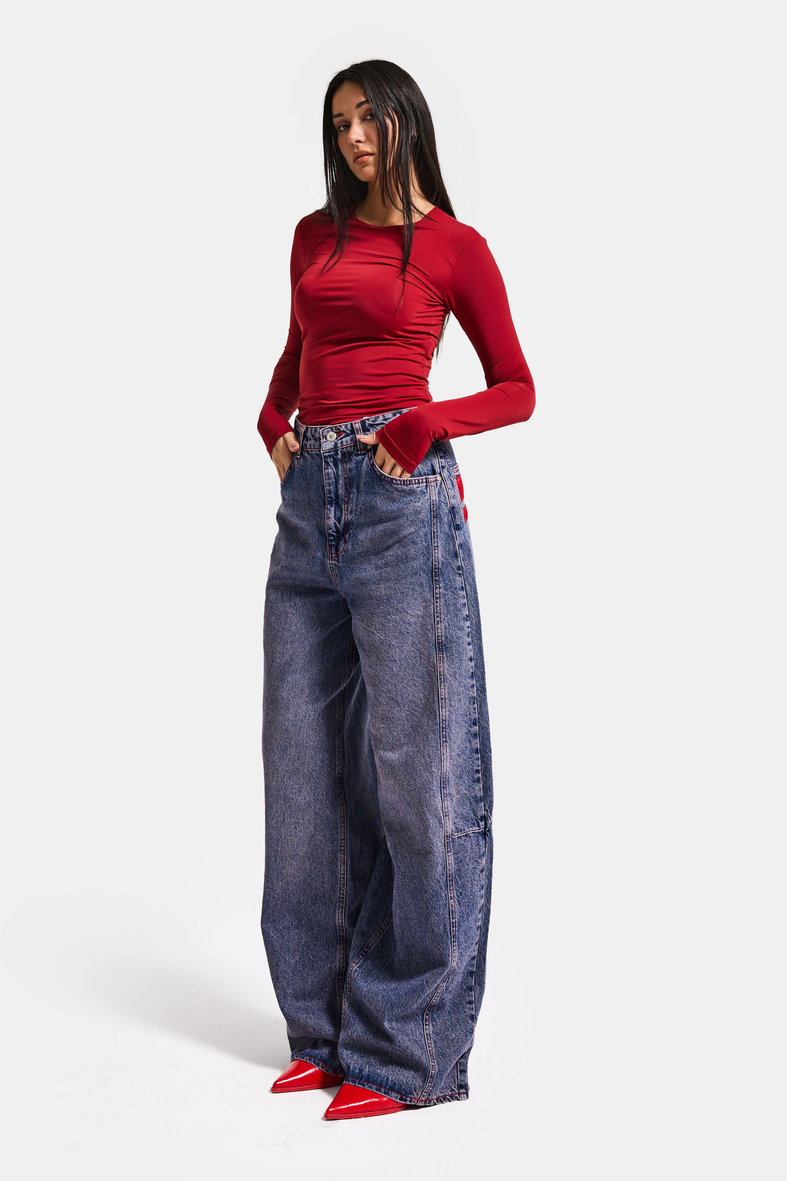 Kadın Kot Rengi 4s6-98 Mega Baggy Fit Paça ve Cep Detaylı Özel Tasarım Denim Jean