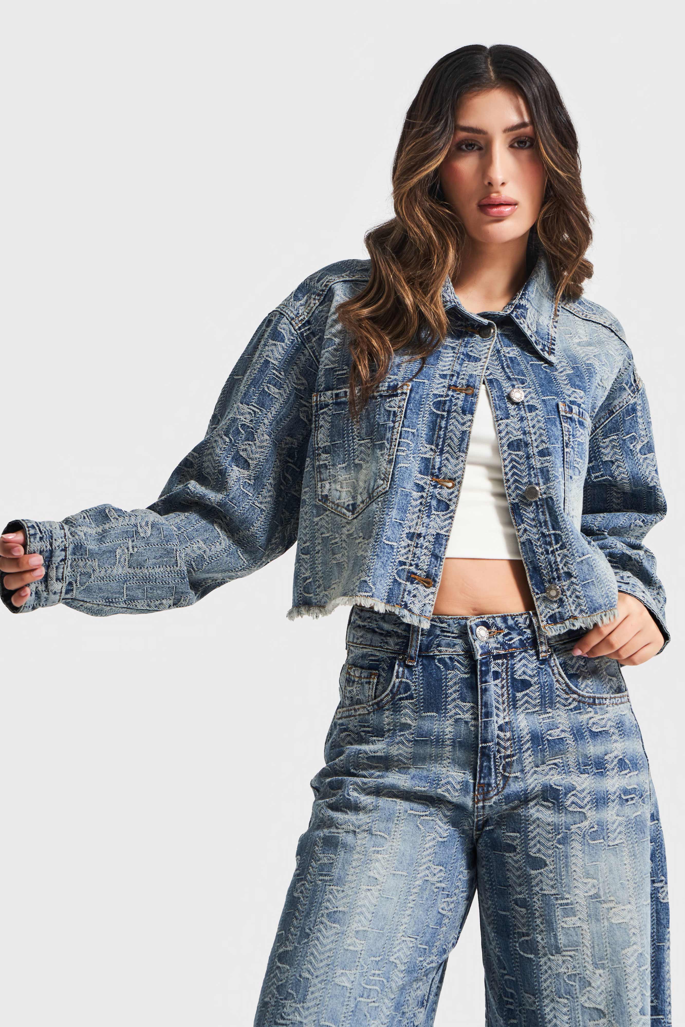 Kadın Kot Rengi 4w5-32 Crop Straight Fit Özel Kumaş Tasarım Denim Ceket