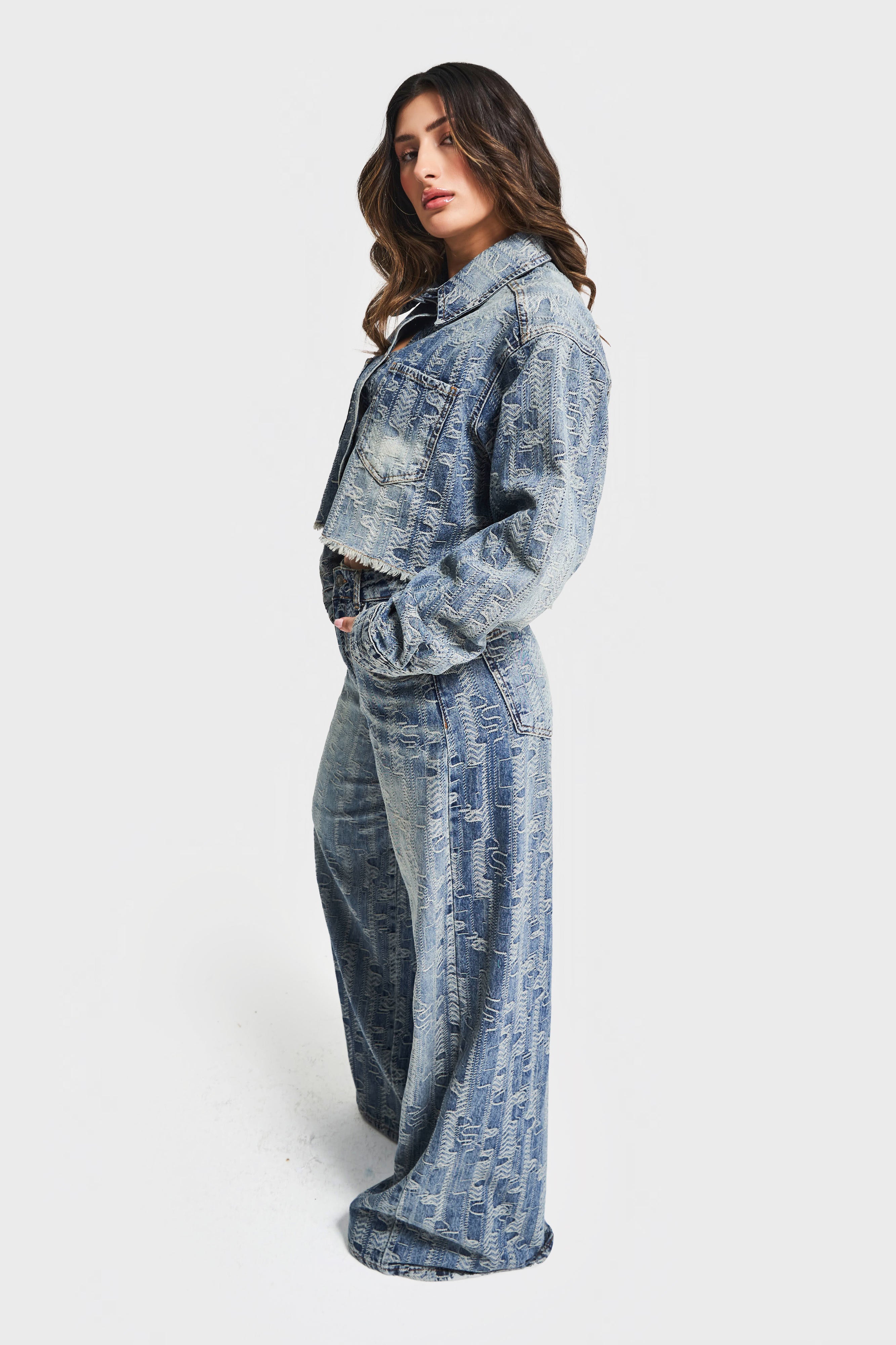 Kadın Kot Rengi 4w5-32 Crop Straight Fit Özel Kumaş Tasarım Denim Ceket