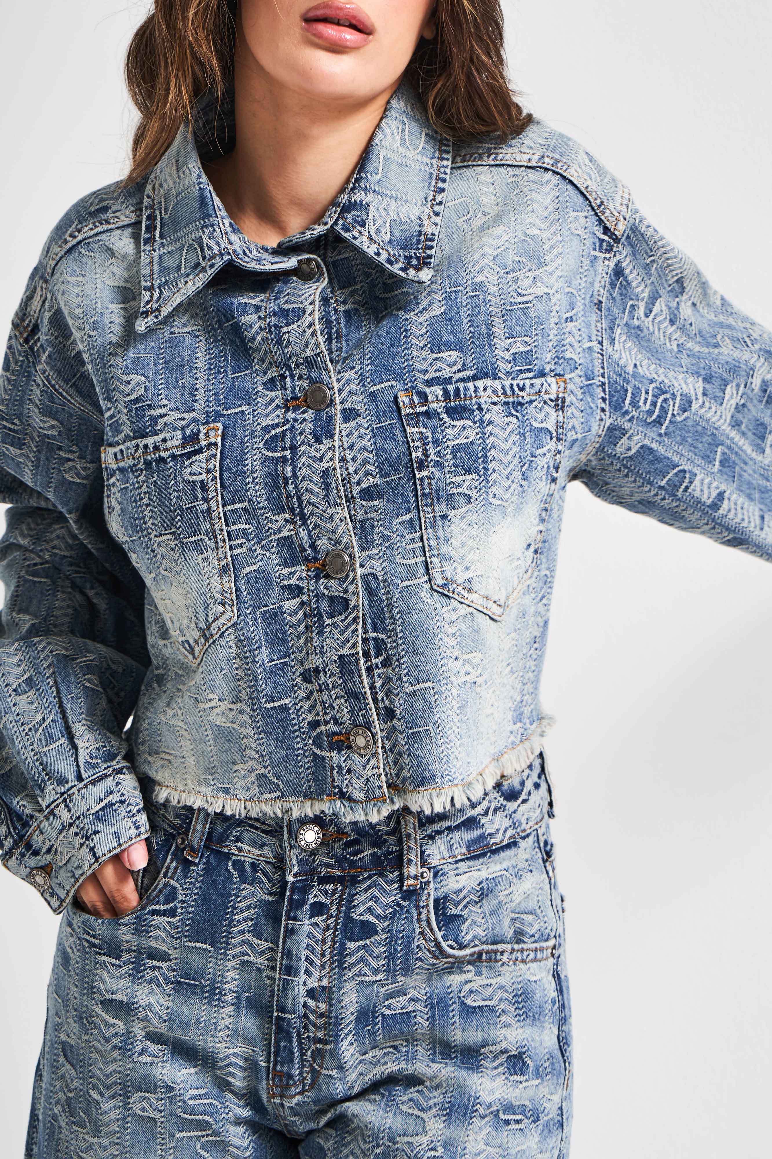 Kadın Kot Rengi 4w5-32 Crop Straight Fit Özel Kumaş Tasarım Denim Ceket
