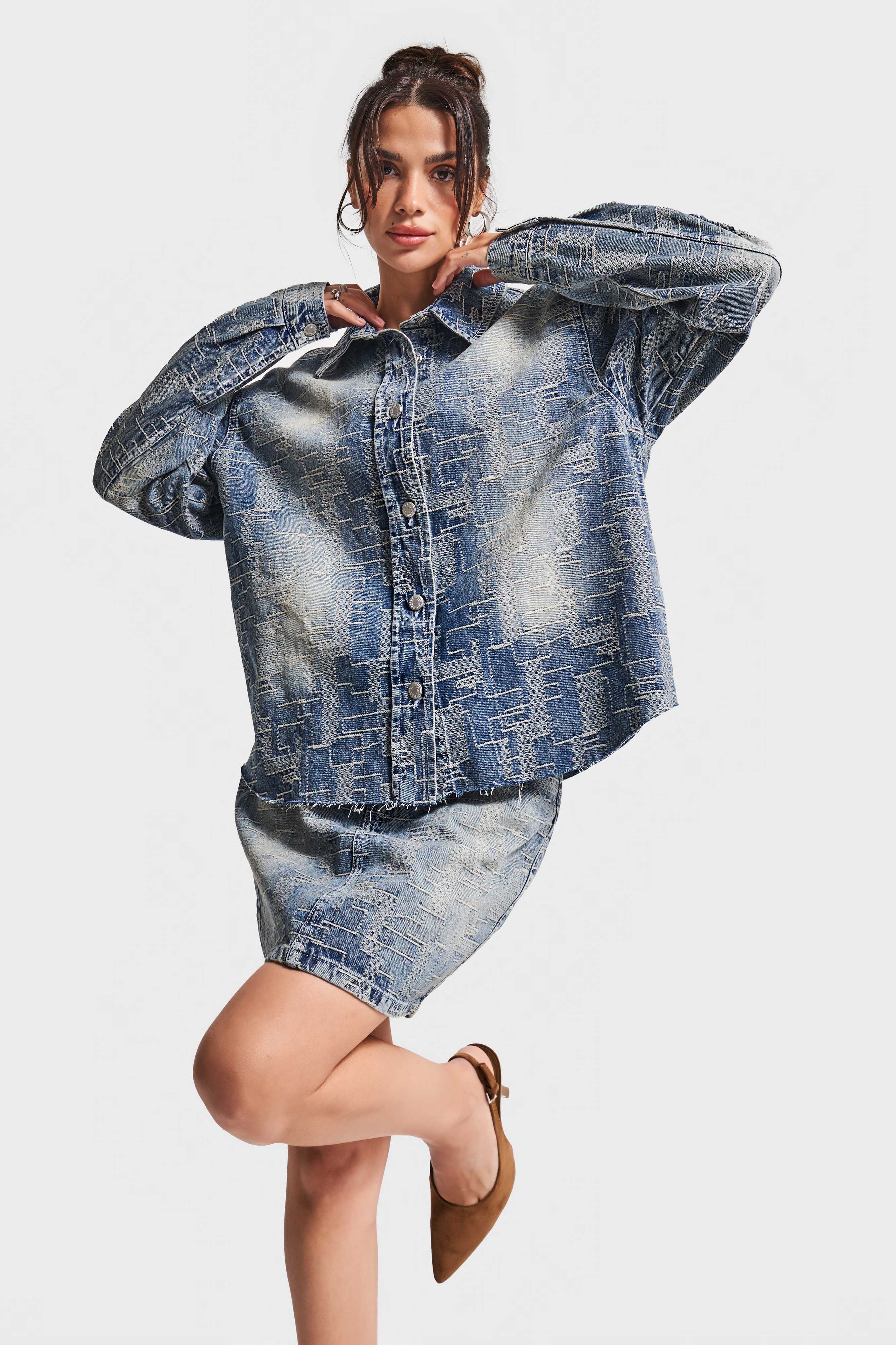 Kadın Kot Rengi 4w5-32 Oversize Özel Kumaş Bol Kesim Tasarım Denim Ceket