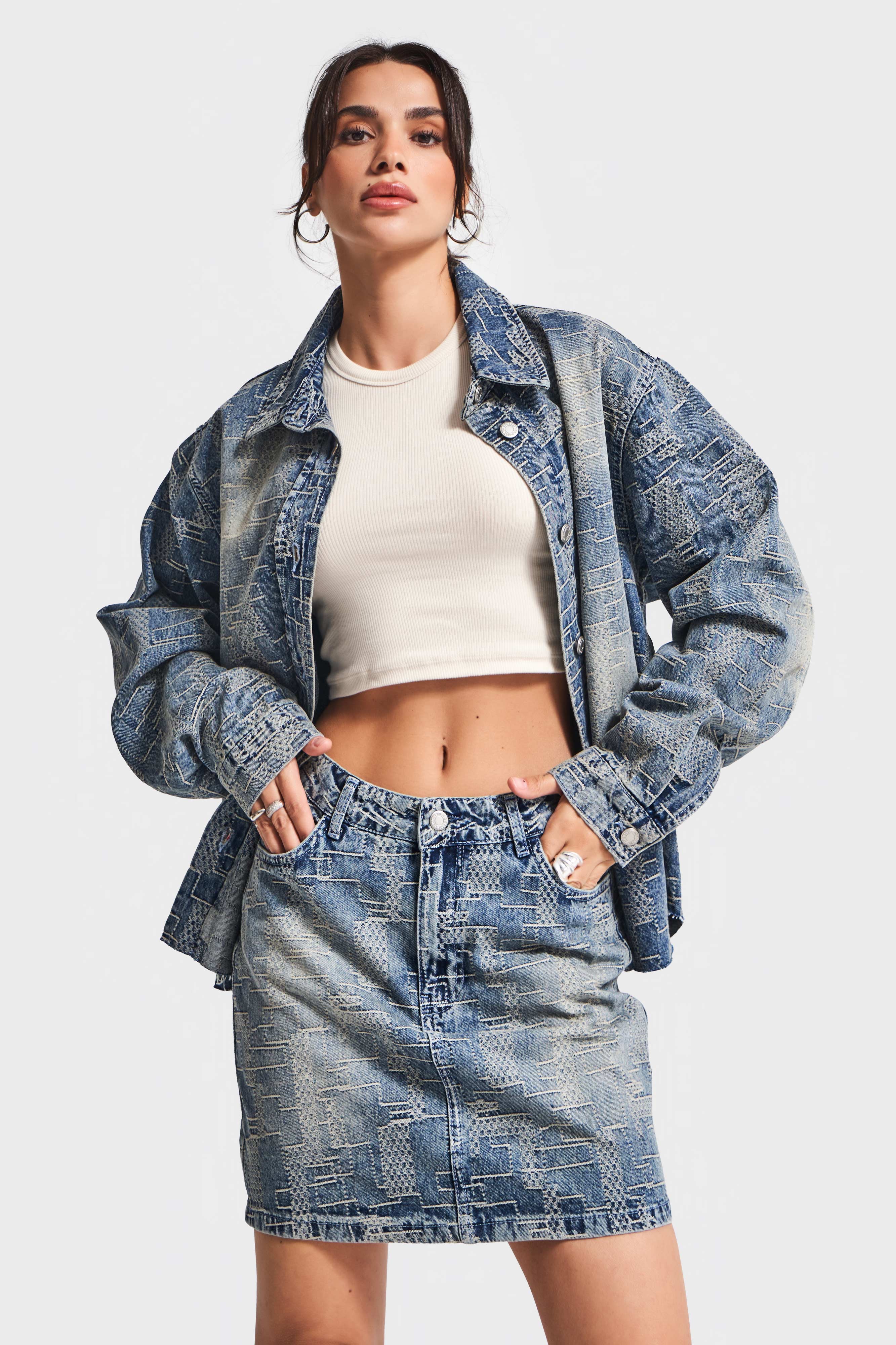 Kadın Kot Rengi 4w5-32 Özel Kumaş Mini Boy Tasarım Denim Etek