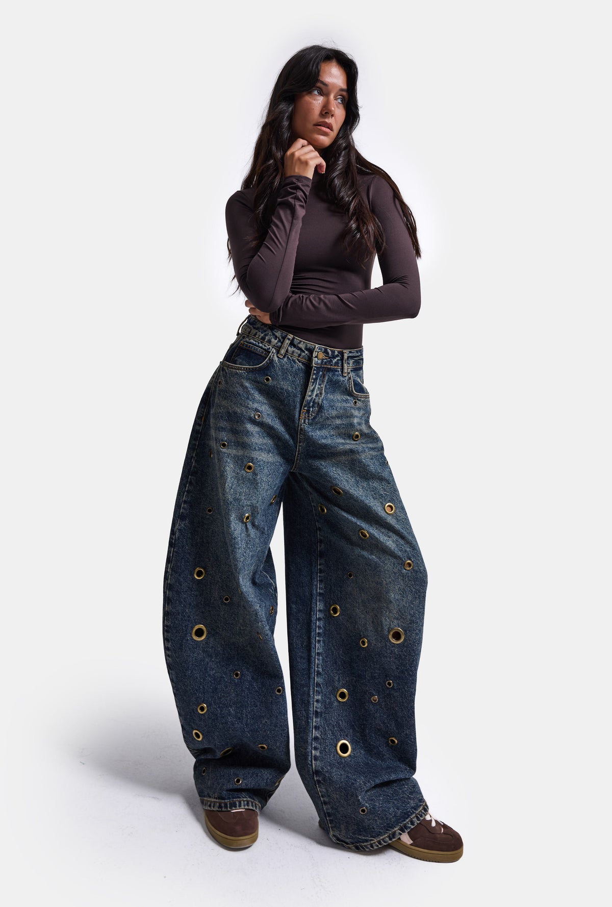 Kadın Kot Rengi 4w6-11 Barrel Fit Kuş Gözü Detaylı Özel Tasarım Denim Jean