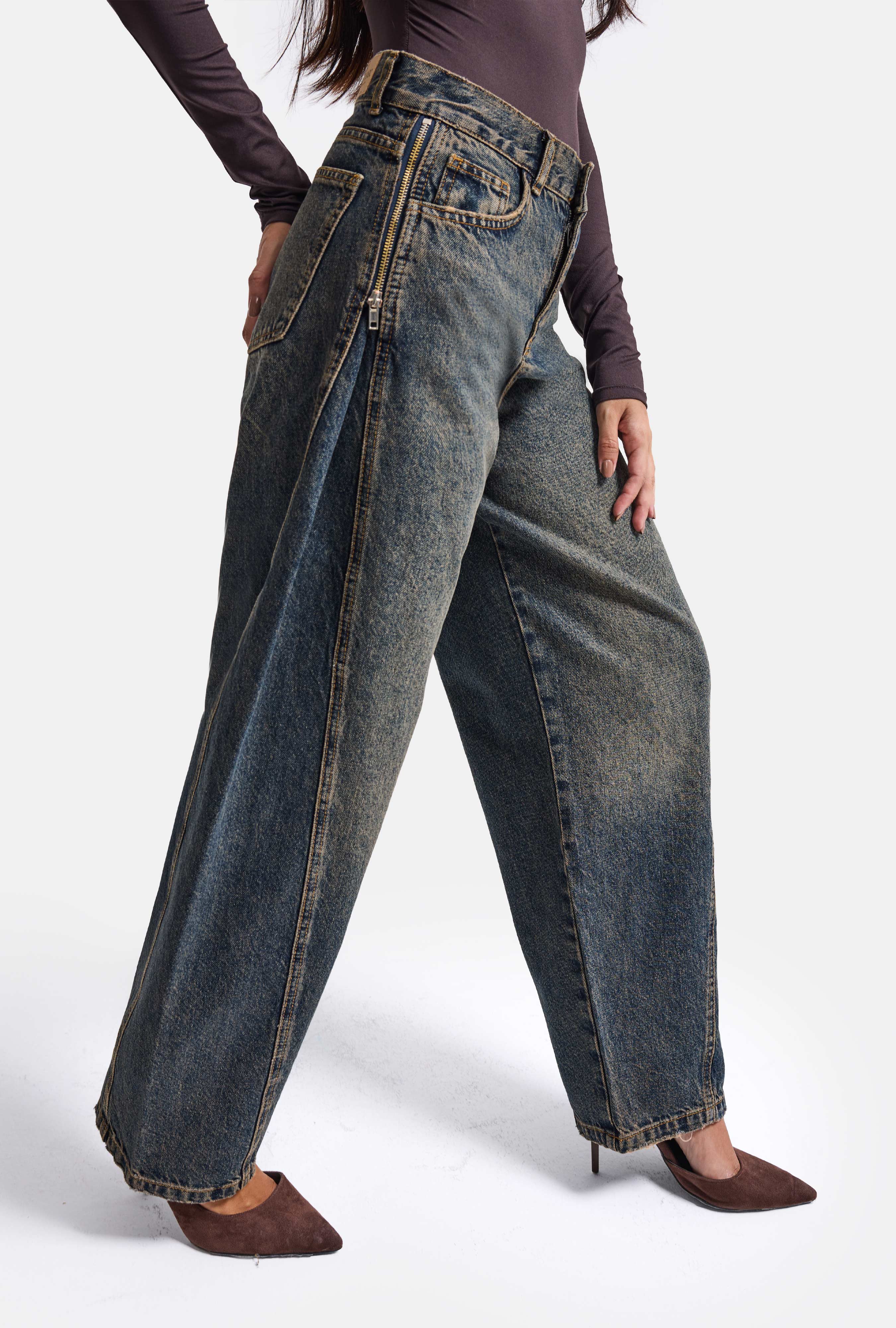 Kadın Kot Rengi 4w6-8 Barrel Fit Yan Fermuar Detaylı Tasarım Denim Jean