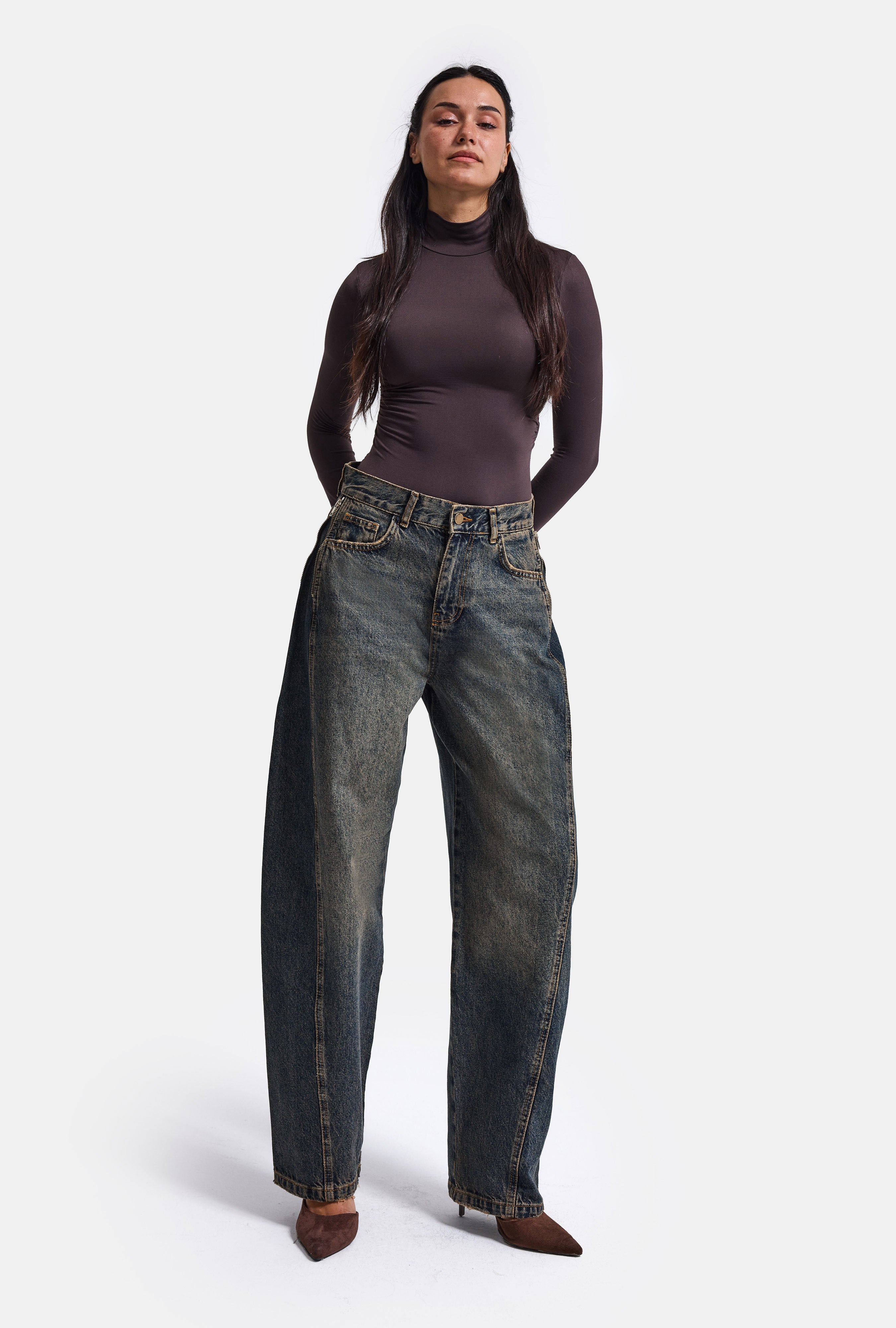 Kadın Kot Rengi 4w6-8 Barrel Fit Yan Fermuar Detaylı Tasarım Denim Jean