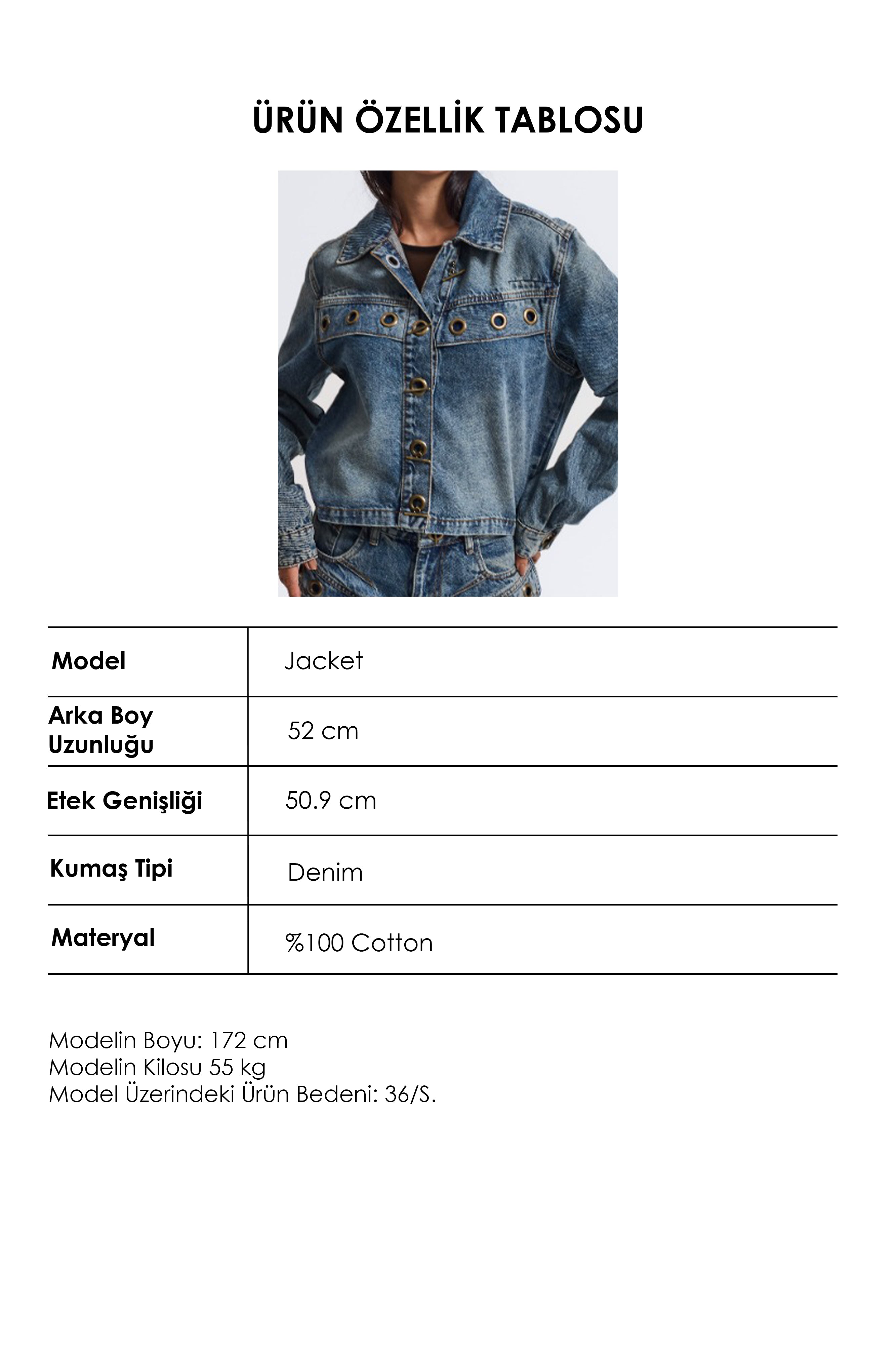 Kadın Kot Rengi 4w6-8 Kemer Boy Kuş Gözü Detaylı Özel Tasarım Denim Ceket