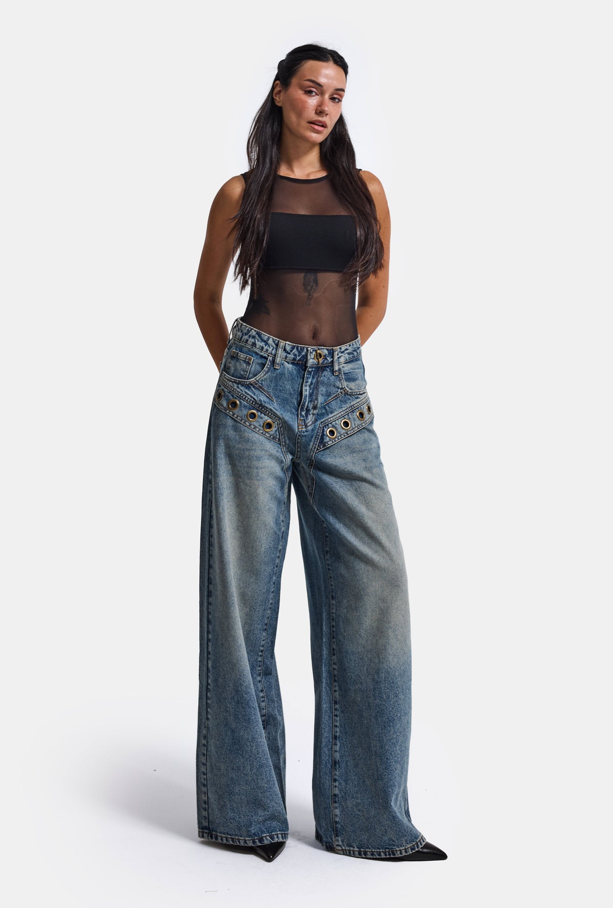 Kadın Kot Rengi 4w6-8 Wide Leg Baggy Fit Kuş Gözü Detaylı Özel Tasarım Denim Jean