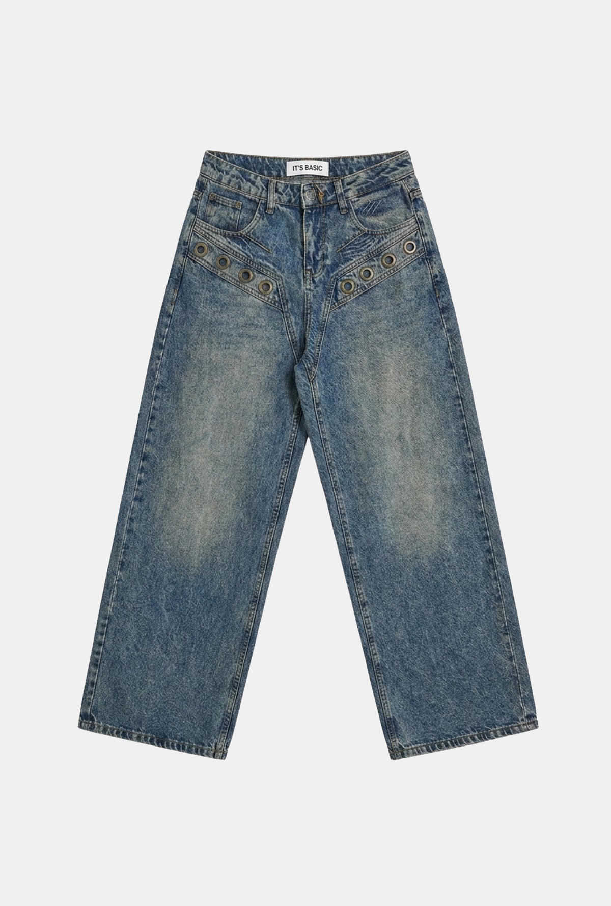 Kadın Kot Rengi 4w6-8 Wide Leg Baggy Fit Kuş Gözü Detaylı Özel Tasarım Denim Jean