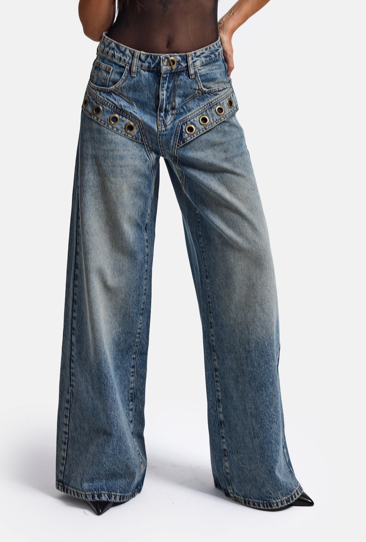 Kadın Kot Rengi 4w6-8 Wide Leg Baggy Fit Kuş Gözü Detaylı Özel Tasarım Denim Jean