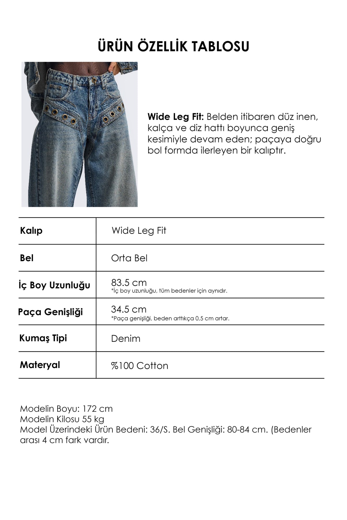 Kadın Kot Rengi 4w6-8 Wide Leg Baggy Fit Kuş Gözü Detaylı Özel Tasarım Denim Jean