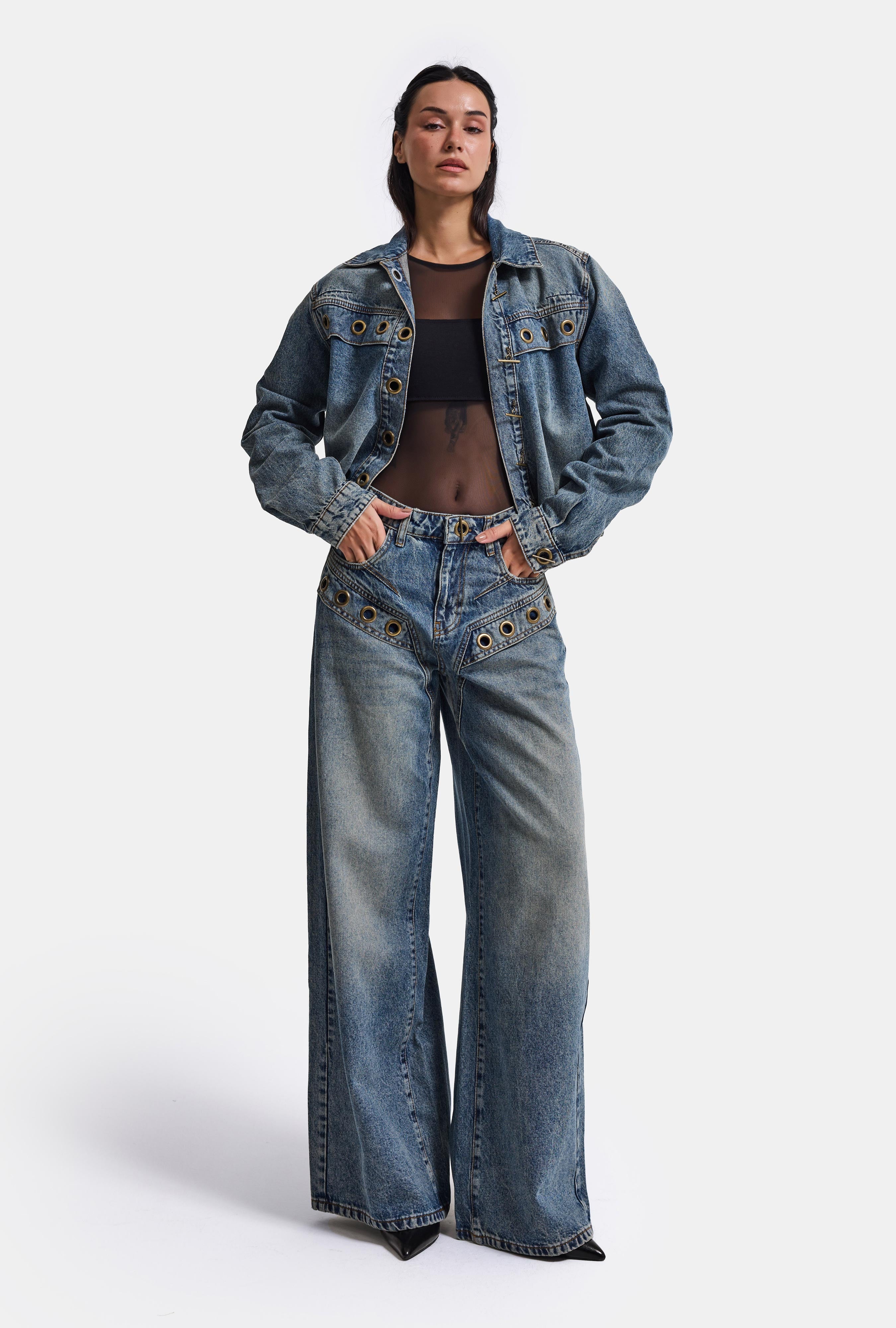 Kadın Kot Rengi 4w6-8 Wide Leg Baggy Fit Kuş Gözü Detaylı Özel Tasarım Denim Jean
