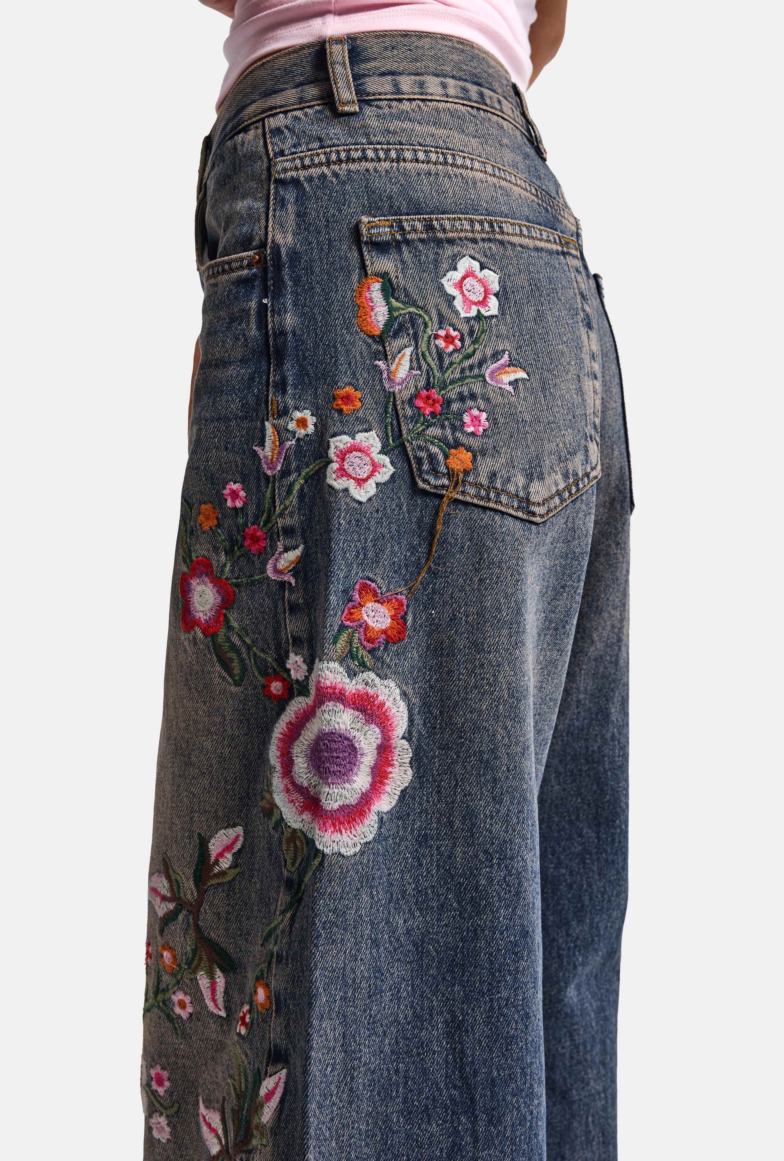 Kadın Kot Rengi 4w6-85 Palazzo Fit Renkli Nakış Özel Tasarım Denim Jean