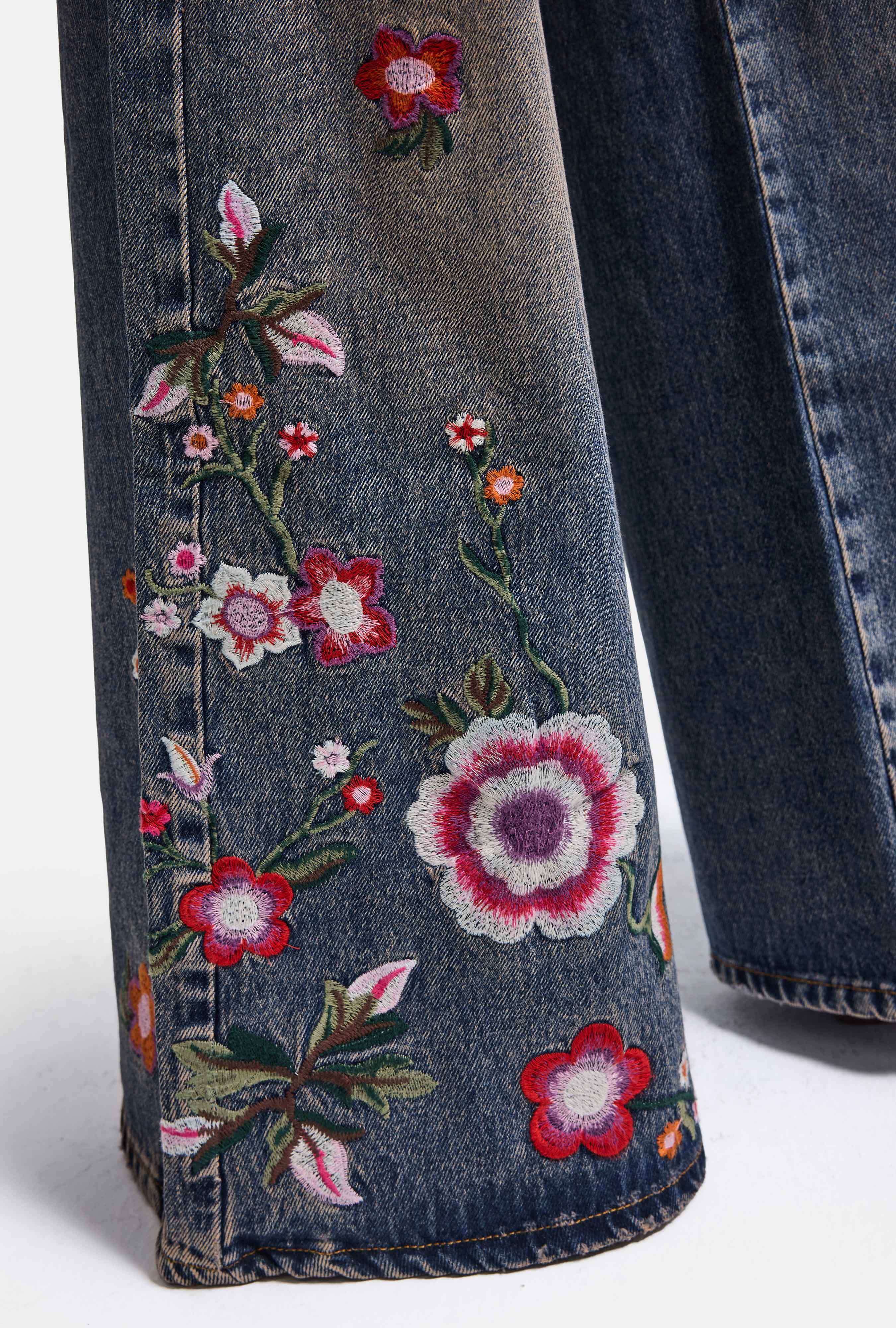 Kadın Kot Rengi 4w6-85 Palazzo Fit Renkli Nakış Özel Tasarım Denim Jean