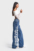Kadın Kot Rengi Beyaz Çiçek Nakışlı Loose Fit Tasarım Denim Jean