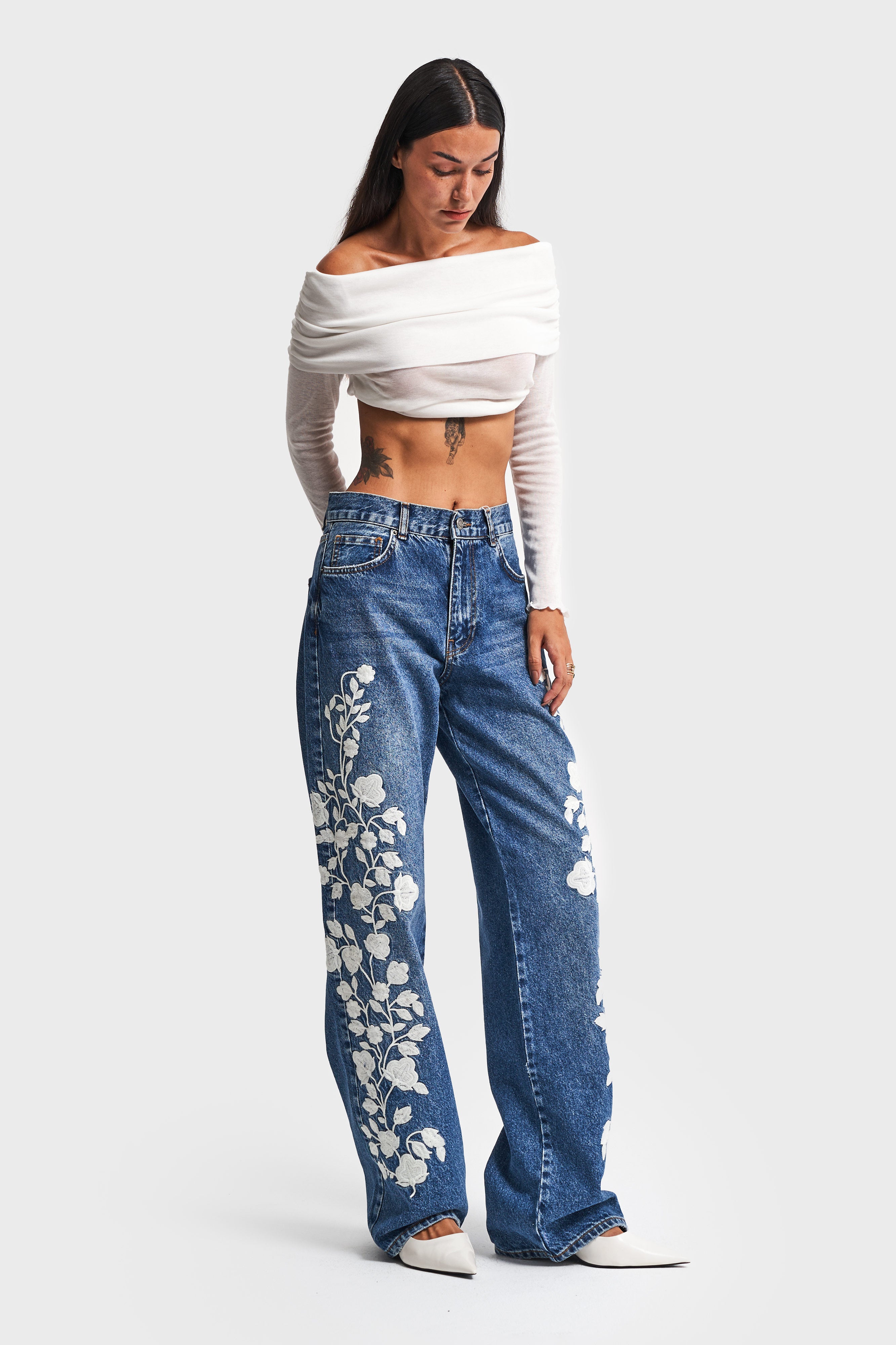 Women's Jeans Color White Floral Embroidered Loose Fit Design Denim