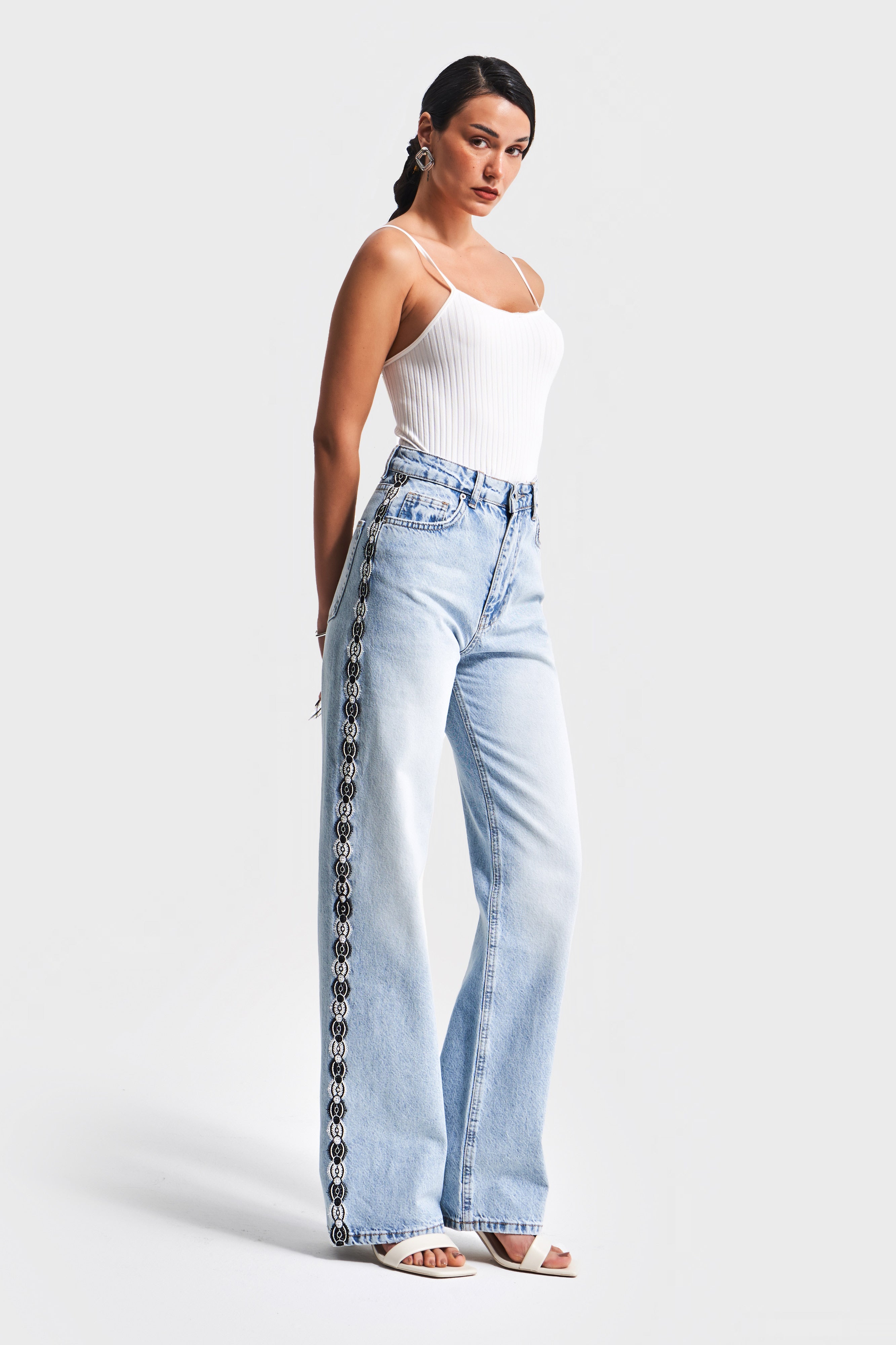 Kadın Kot Rengi D-4S5-3 Dantel Şerit Detaylı Straight Fit Yüksek Bel %100 Koton Tasarım Denim Jean