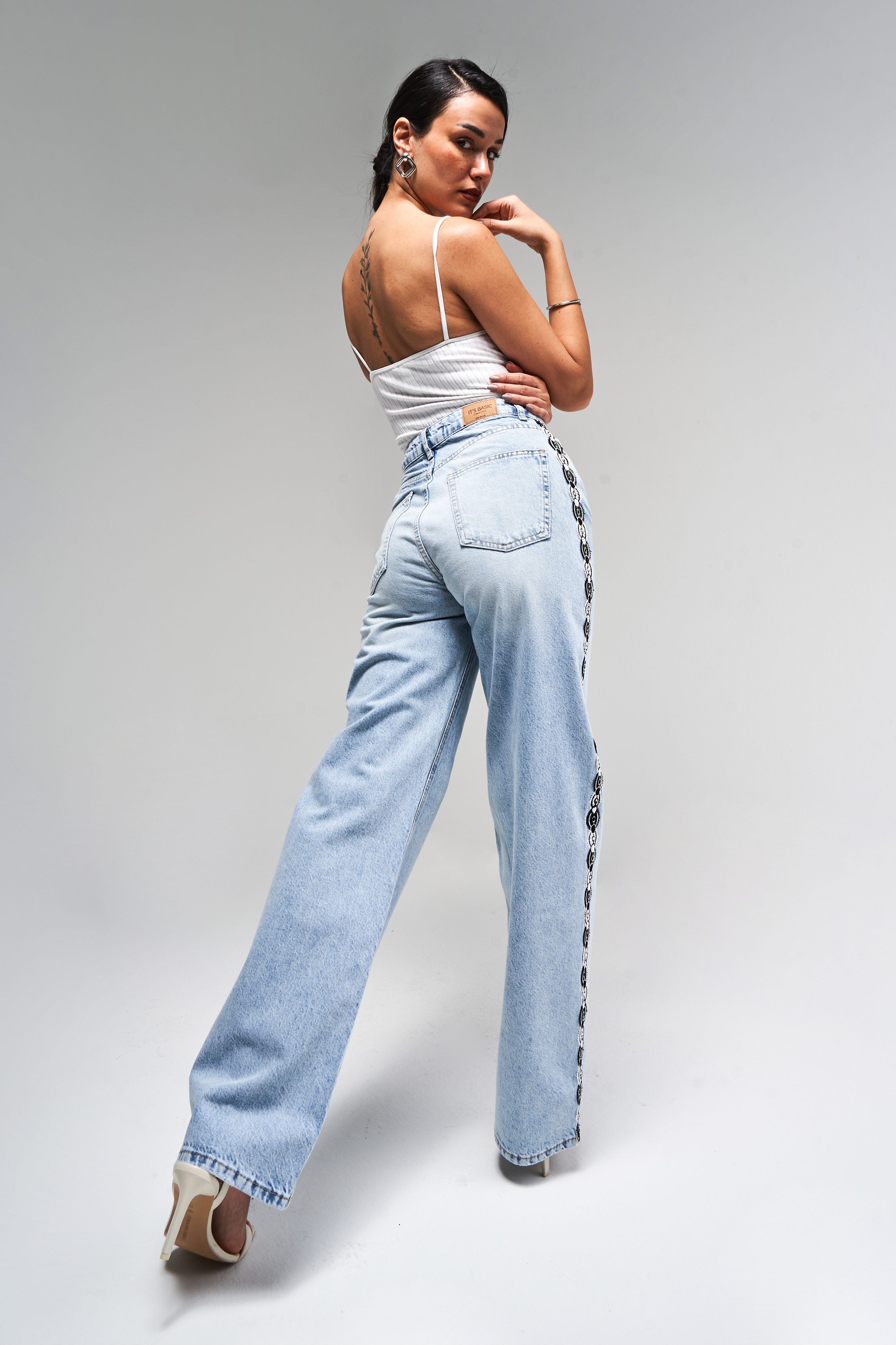 Kadın Kot Rengi D-4S5-3 Dantel Şerit Detaylı Straight Fit Yüksek Bel %100 Koton Tasarım Denim Jean