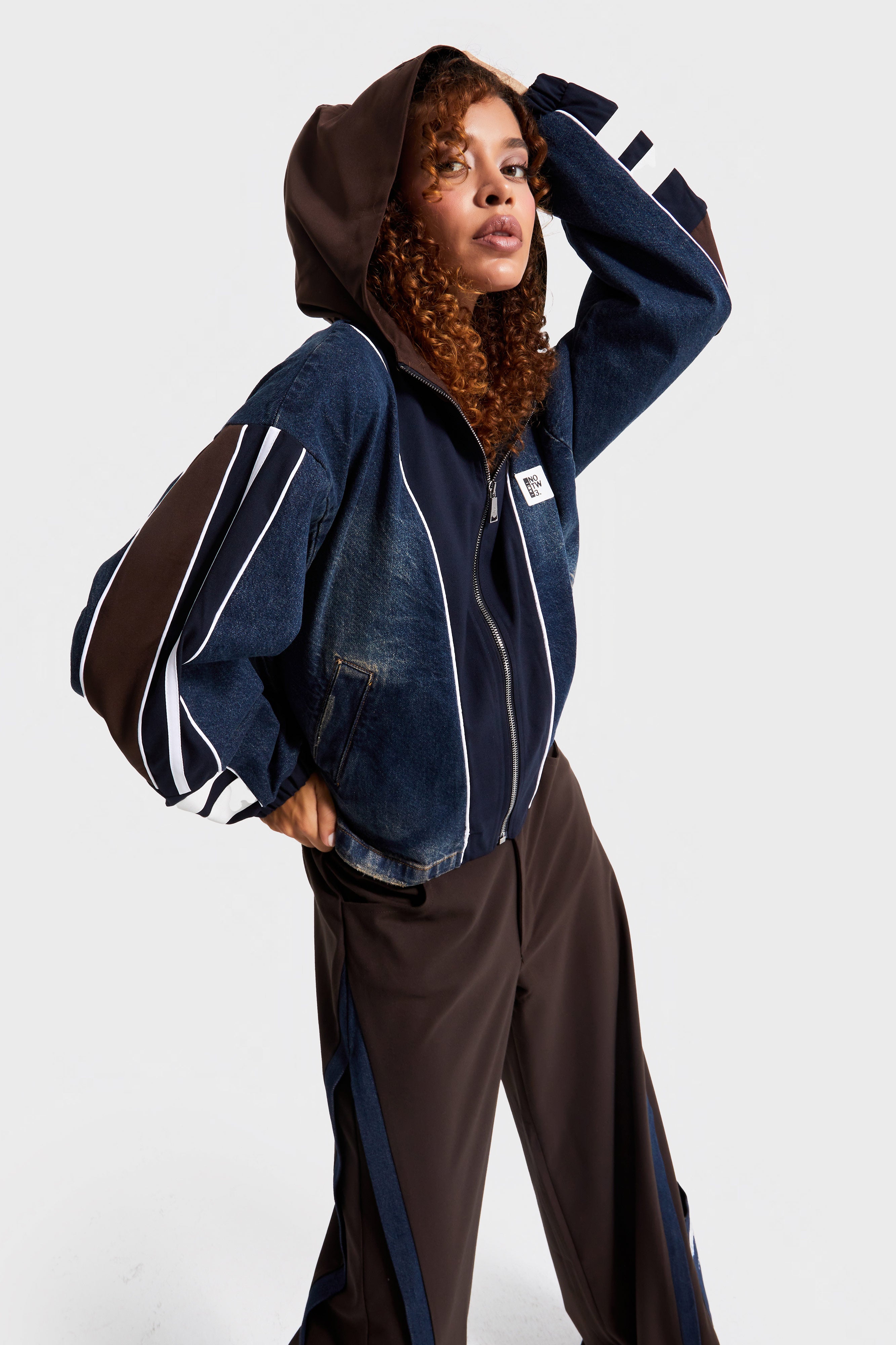 Kadın Kot Rengi Denim Dokuma Çift Parça Kumaş Oversize Kapüşonlu Tasarım Denim Ceket