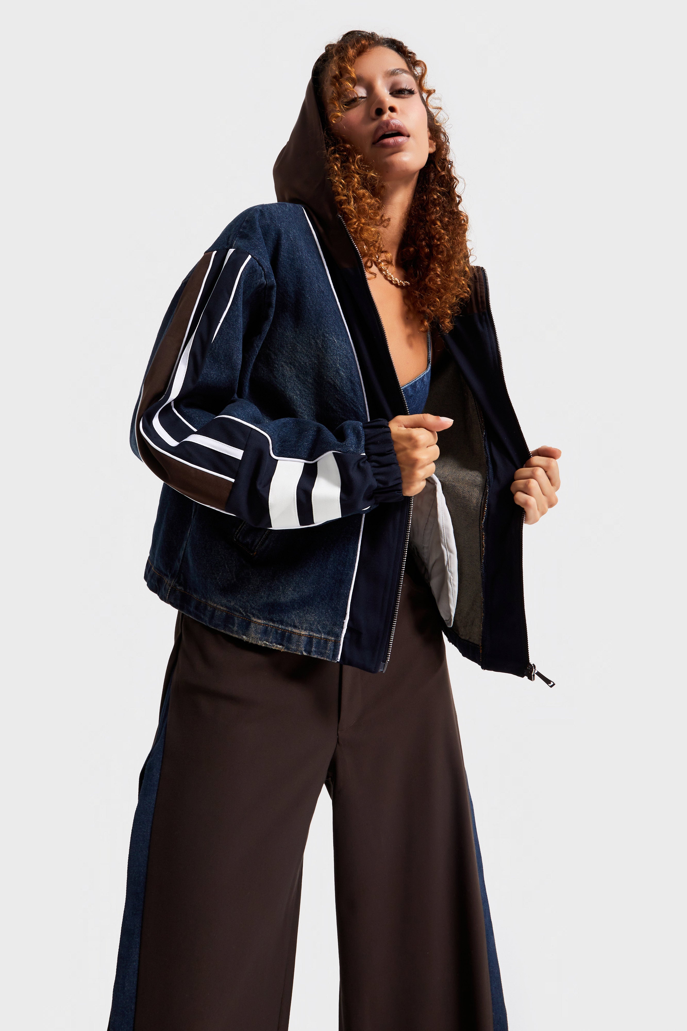 Kadın Kot Rengi Denim Dokuma Çift Parça Kumaş Oversize Kapüşonlu Tasarım Denim Ceket