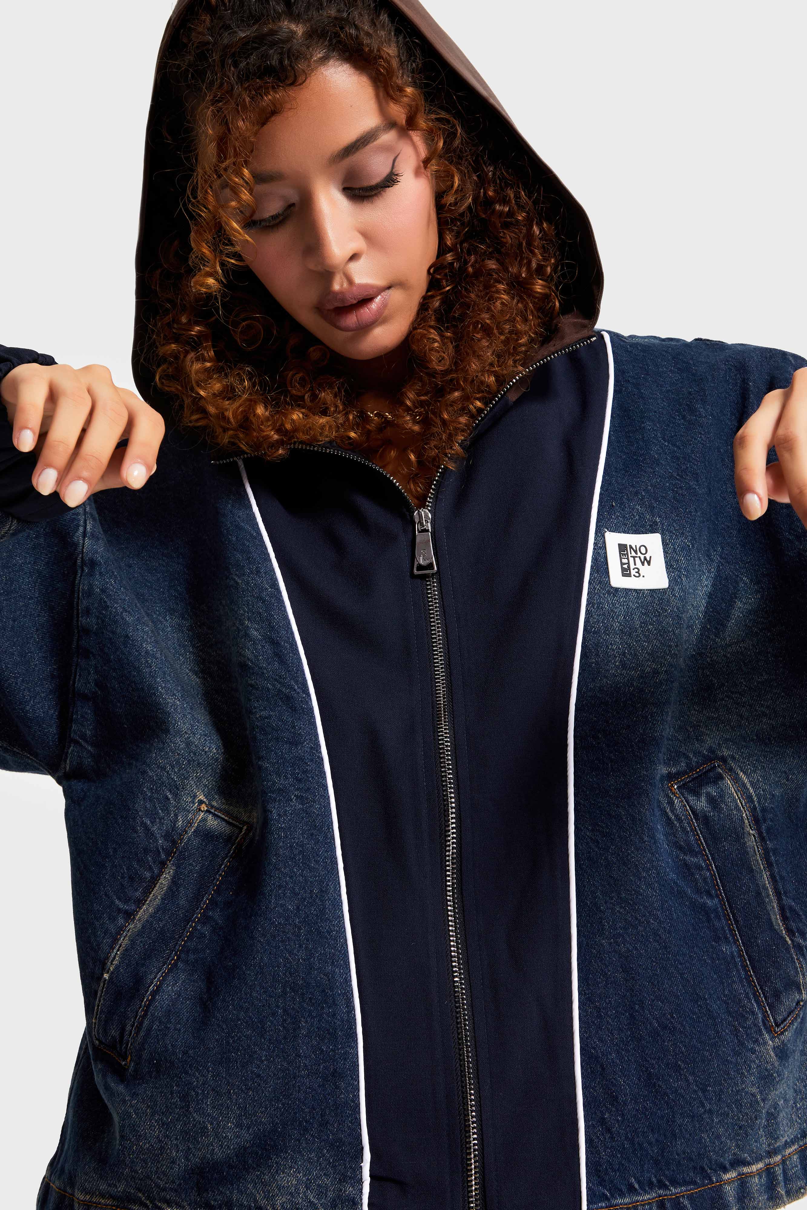 Kadın Kot Rengi Denim Dokuma Çift Parça Kumaş Oversize Kapüşonlu Tasarım Denim Ceket