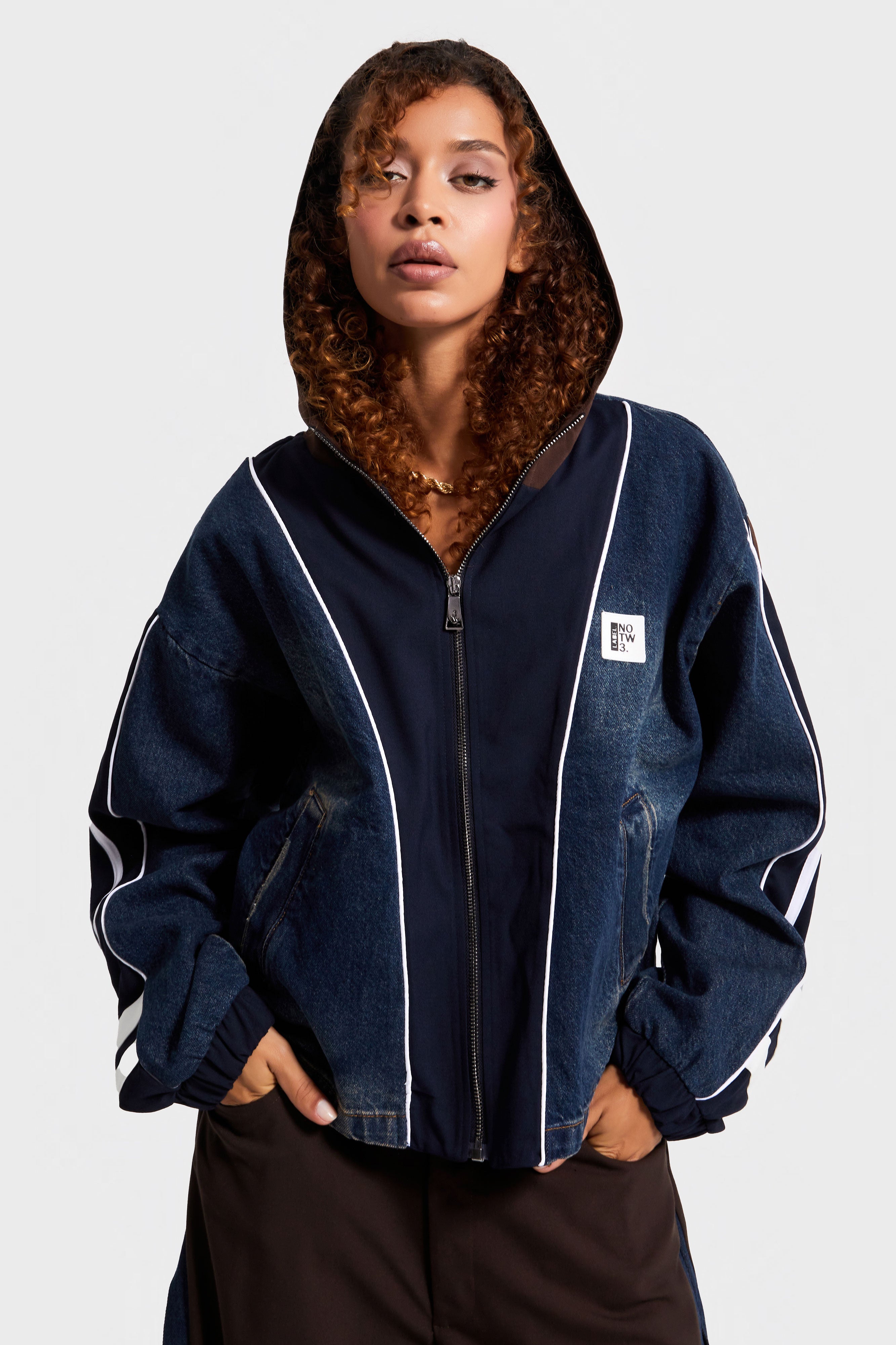 Kadın Kot Rengi Denim Dokuma Çift Parça Kumaş Oversize Kapüşonlu Tasarım Denim Ceket