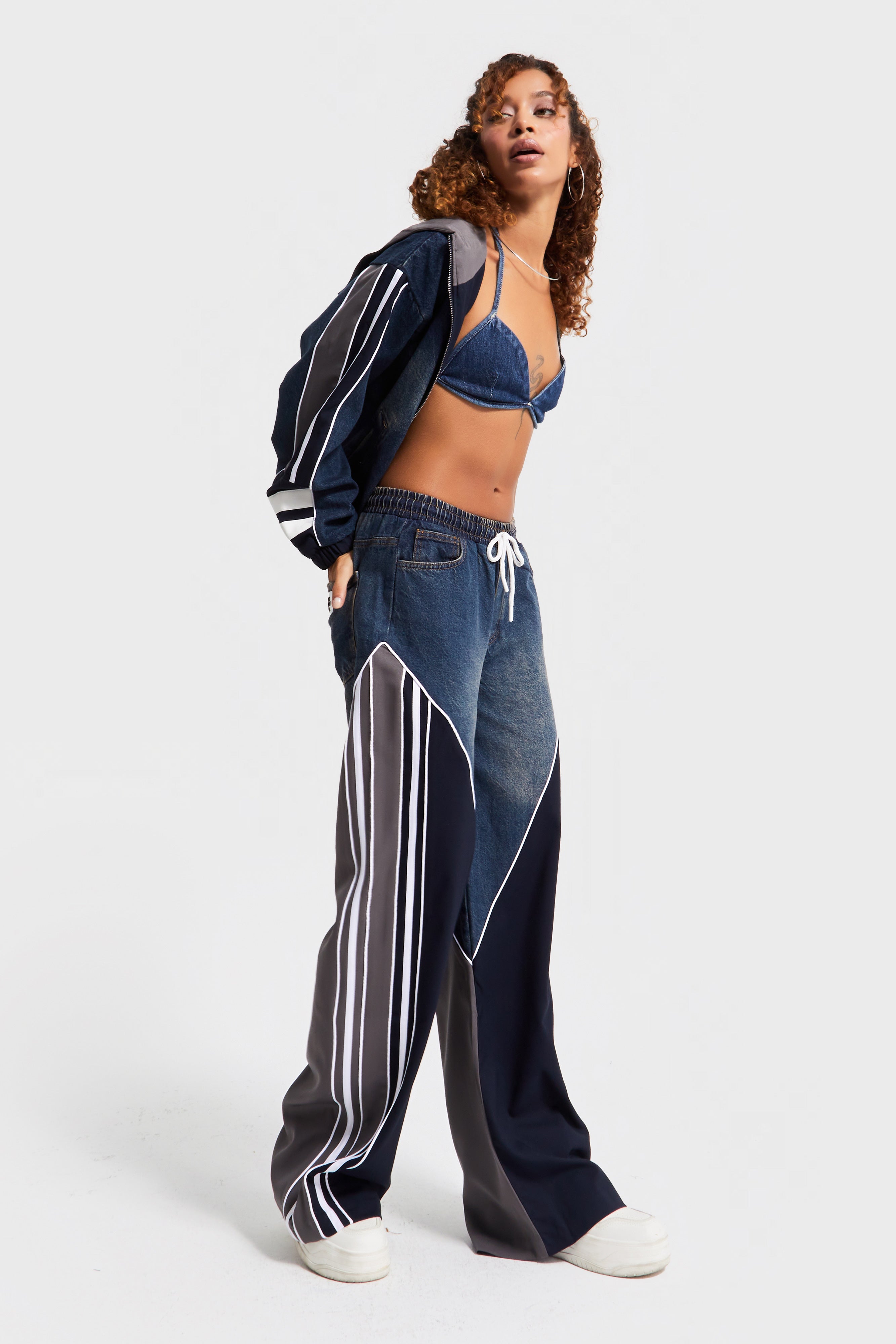 Kadın Kot Rengi Denim Kumaş Parçalı Bol Kesim Özel Tasarım Denim Jean
