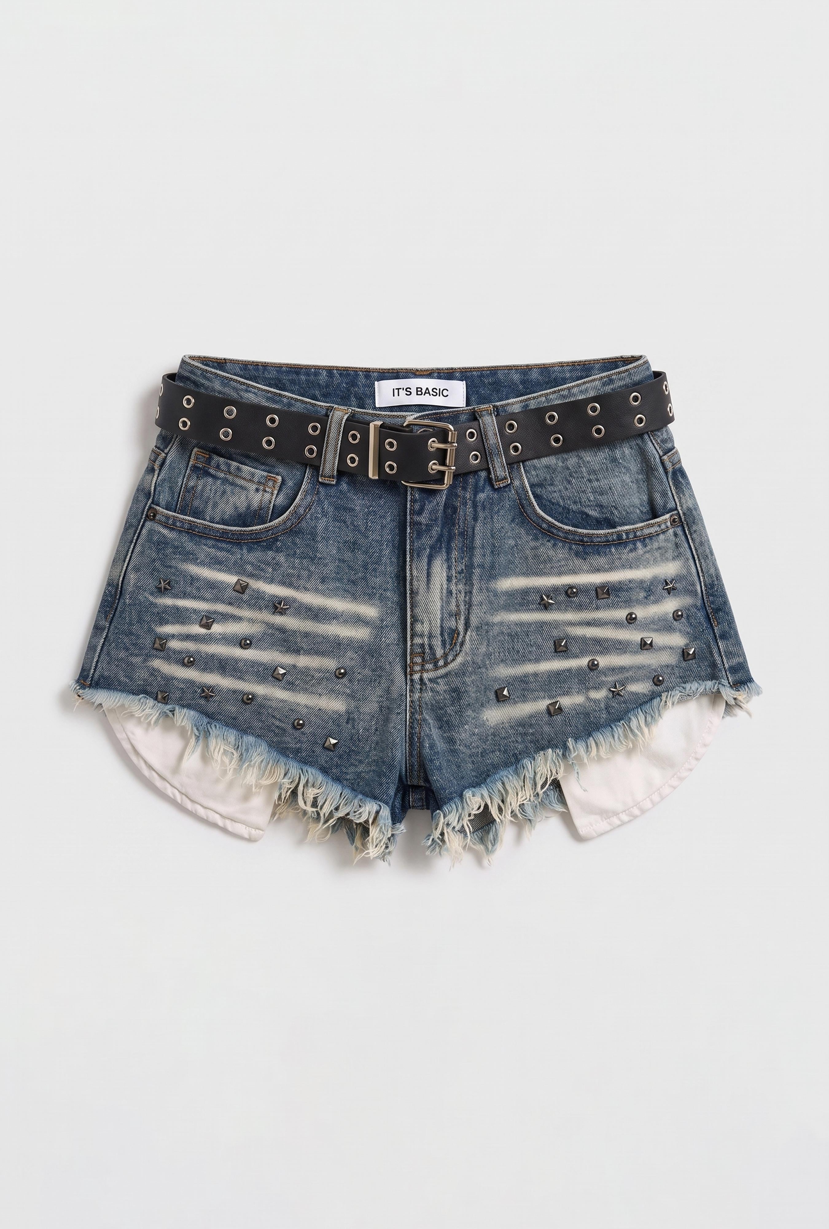 Kadın Kot Rengi Droplu Kemerli Özel Tasarım Denim Şort