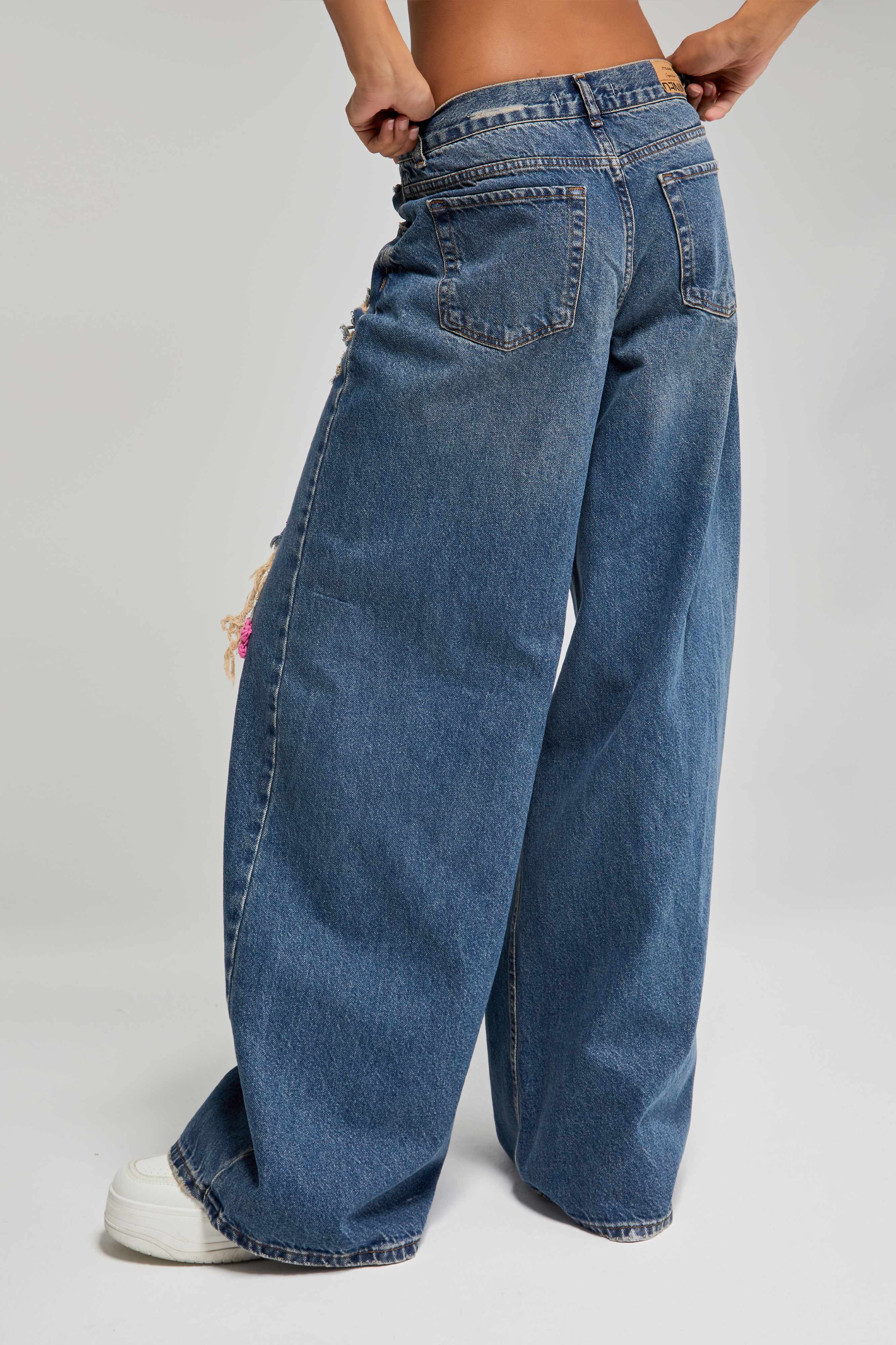 Kadın Kot Rengi Etnik Desenli Palazzo Fit Tasarım Denim