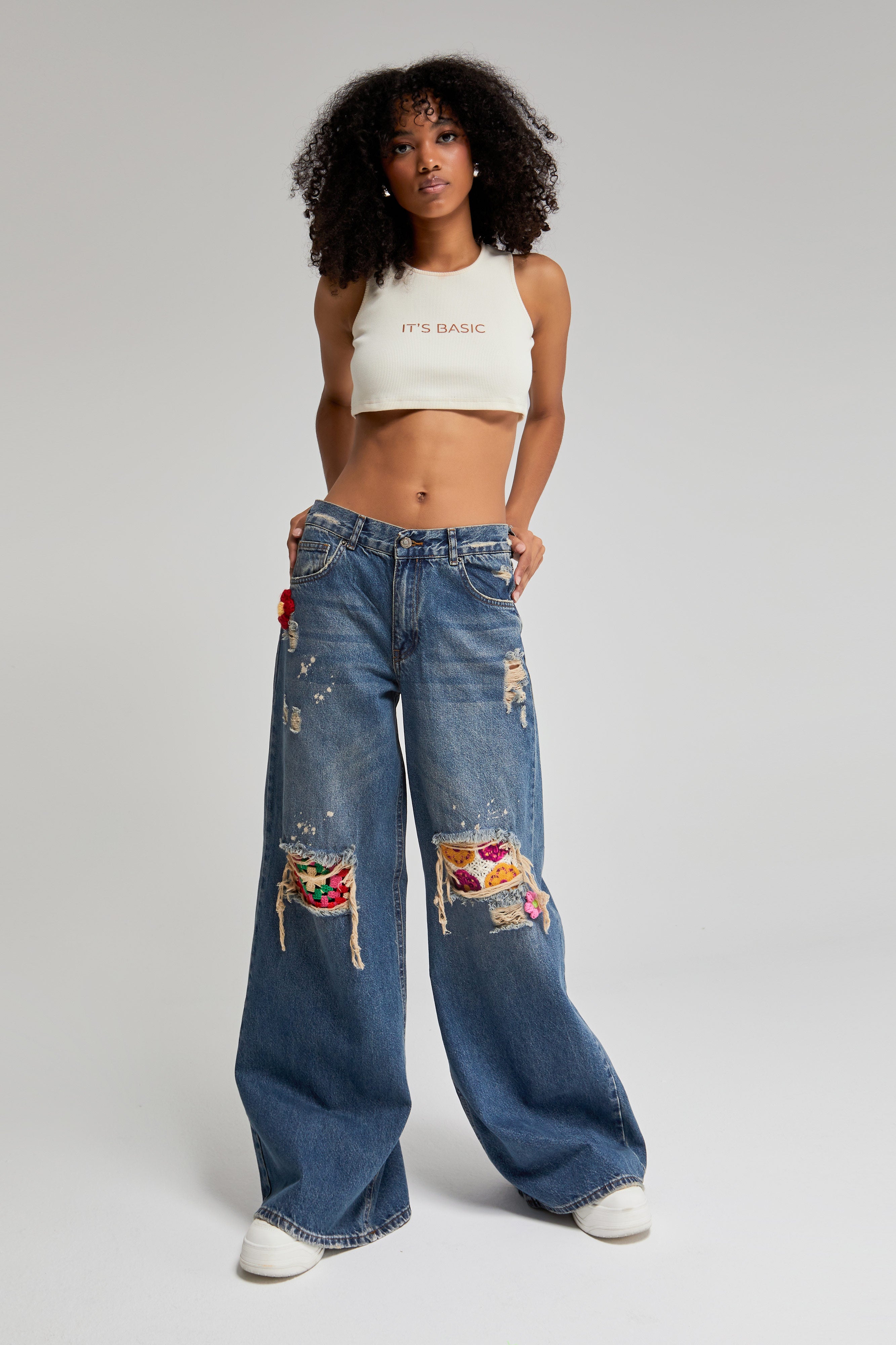 Kadın Kot Rengi Etnik Desenli Palazzo Fit Tasarım Denim