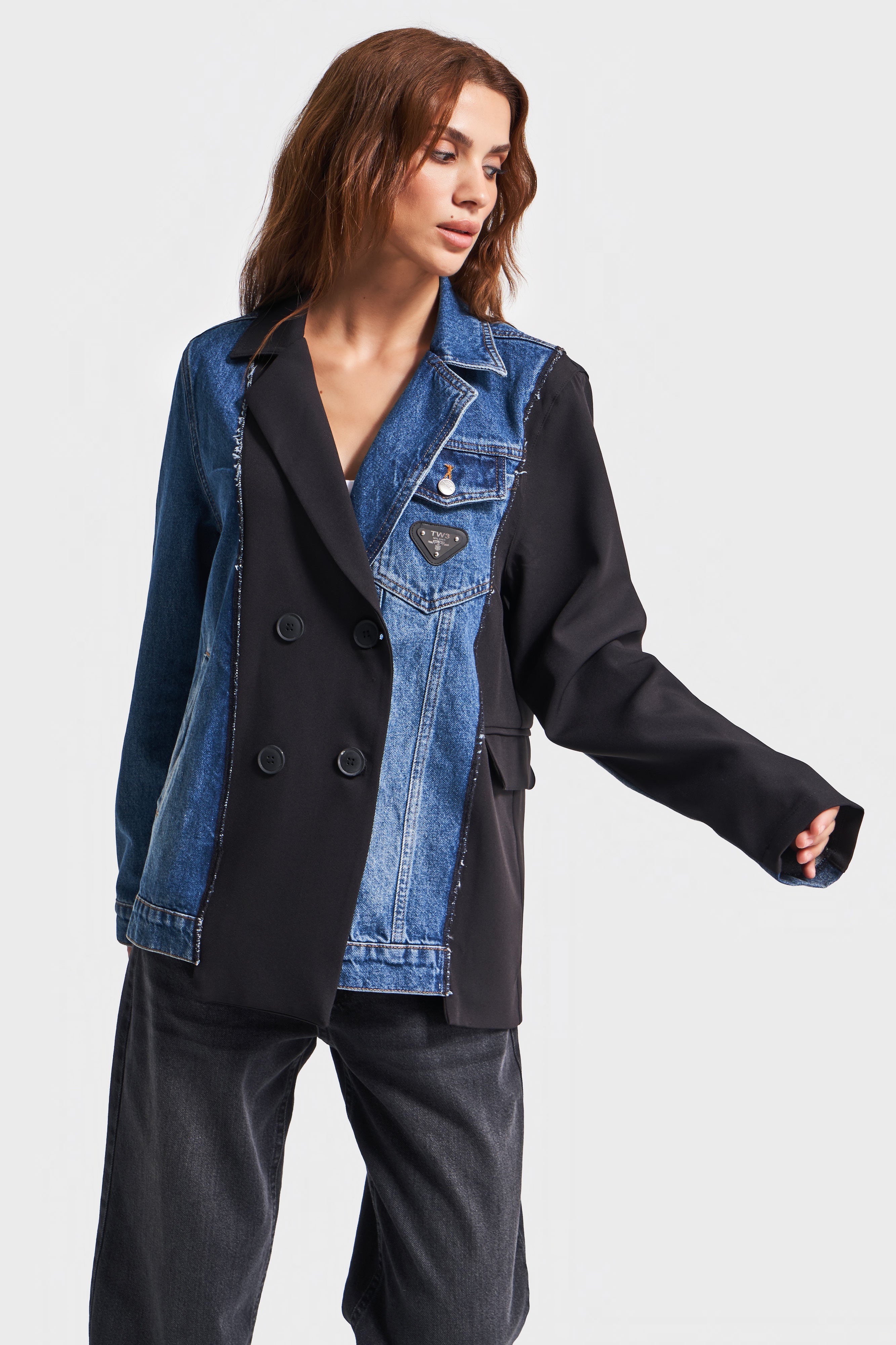 Women's Denim Color Fabric Denim Piece Oversize Double Breasted Jacket